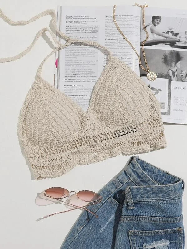 Women Summer Vacation Sleeveless Solid Slim Tie Crochet Top Crochet hook Bella Mia