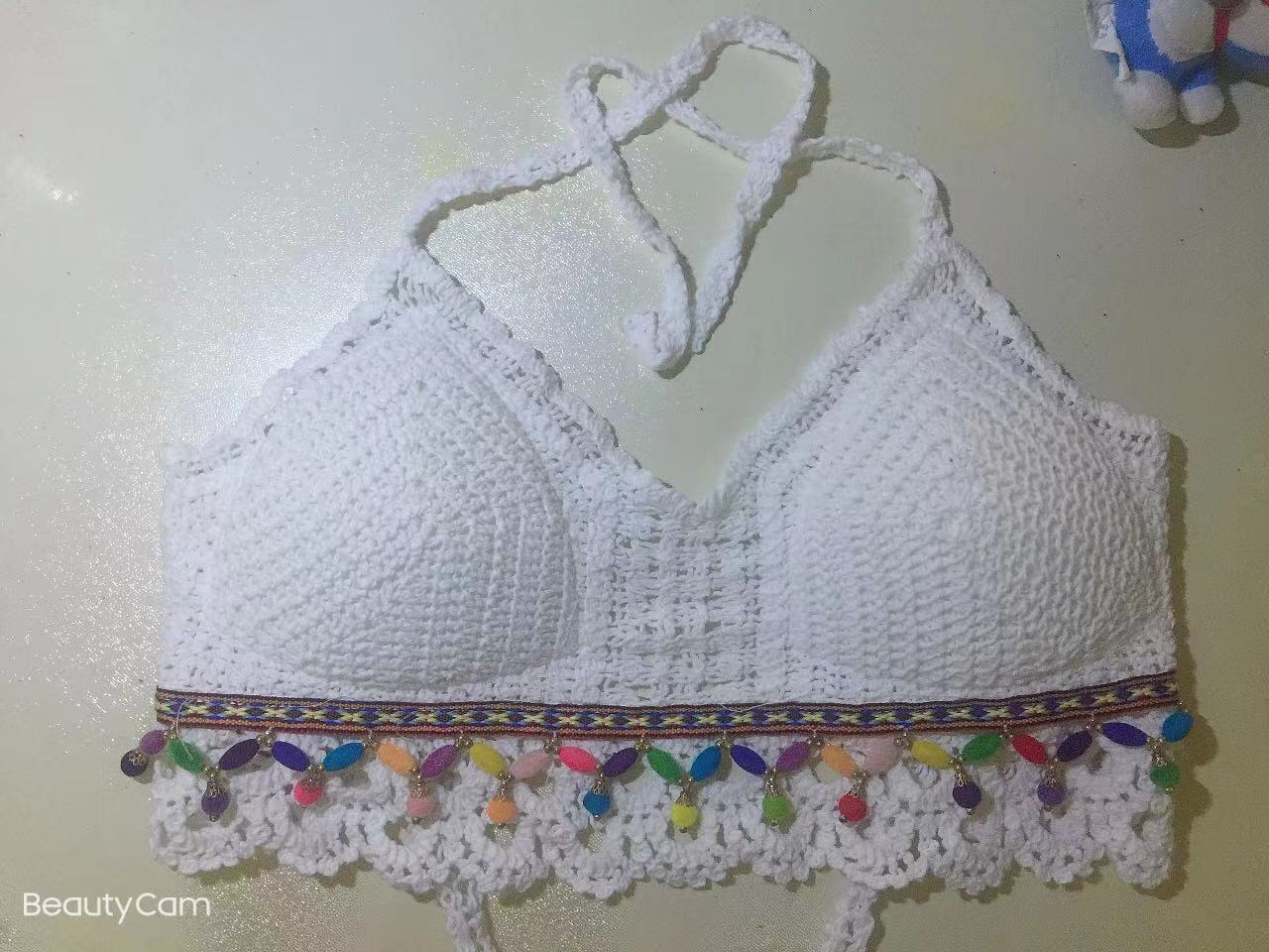Women Summer Vacation Sleeveless Solid Slim Tie Crochet Crop Top Crochet hook Bella Mia