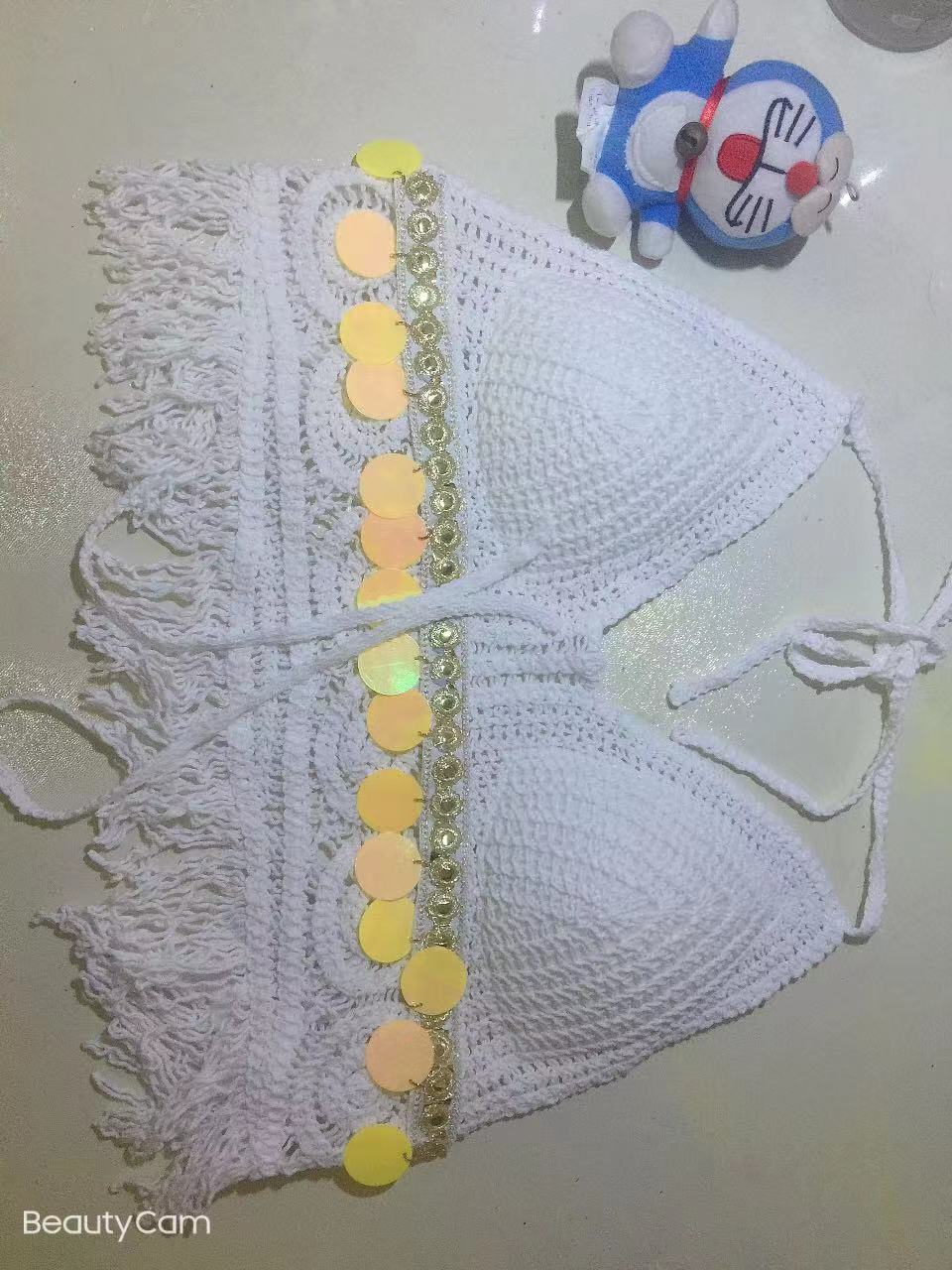 Women Summer Vacation Sleeveless Tie Crochet Crop Solid Top Crochet hook Bella Mia