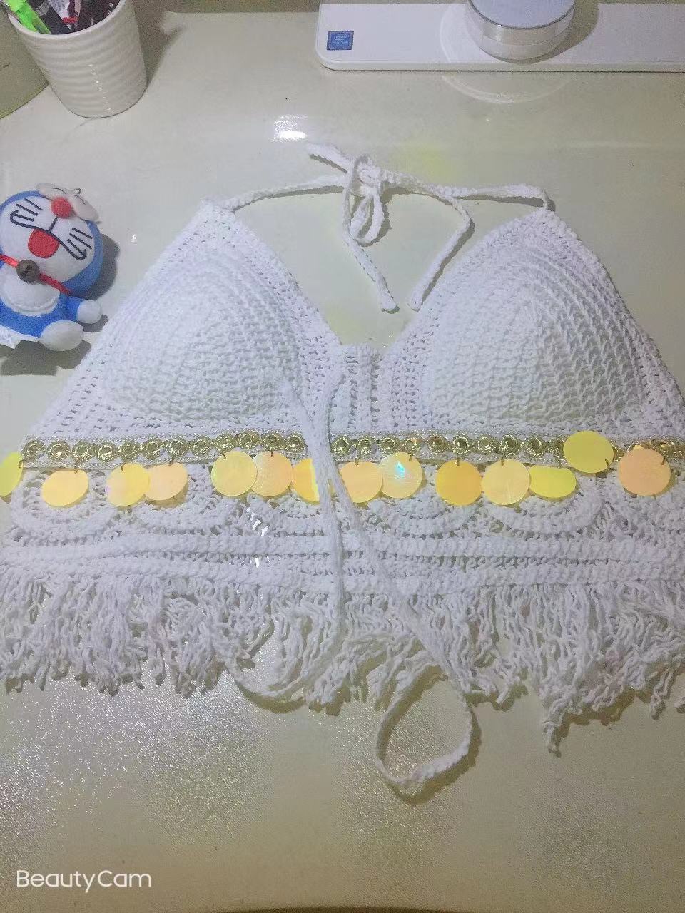 Women Summer Vacation Sleeveless Tie Crochet Crop Solid Top Crochet hook Bella Mia