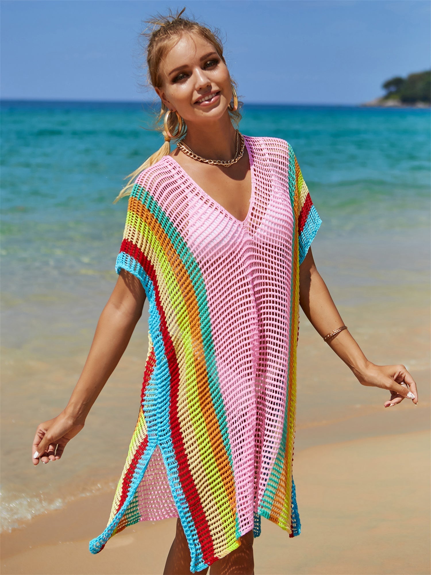 Summer Beach Cover-up Hollow Out Cutout Knitted Rainbow Holiday Bikini Cover Sun Protection Clothing Women Bella Mia