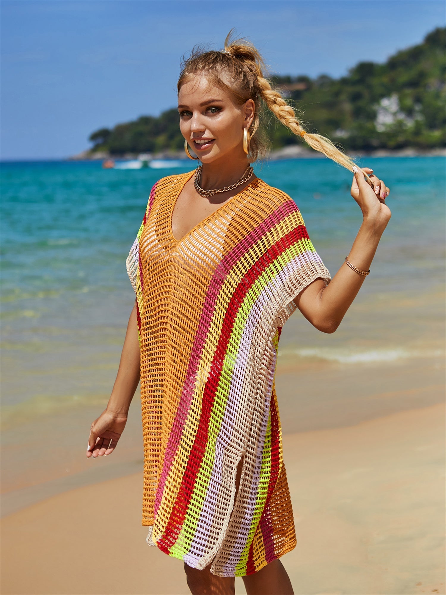 Summer Beach Cover-up Hollow Out Cutout Knitted Rainbow Holiday Bikini Cover Sun Protection Clothing Women Bella Mia