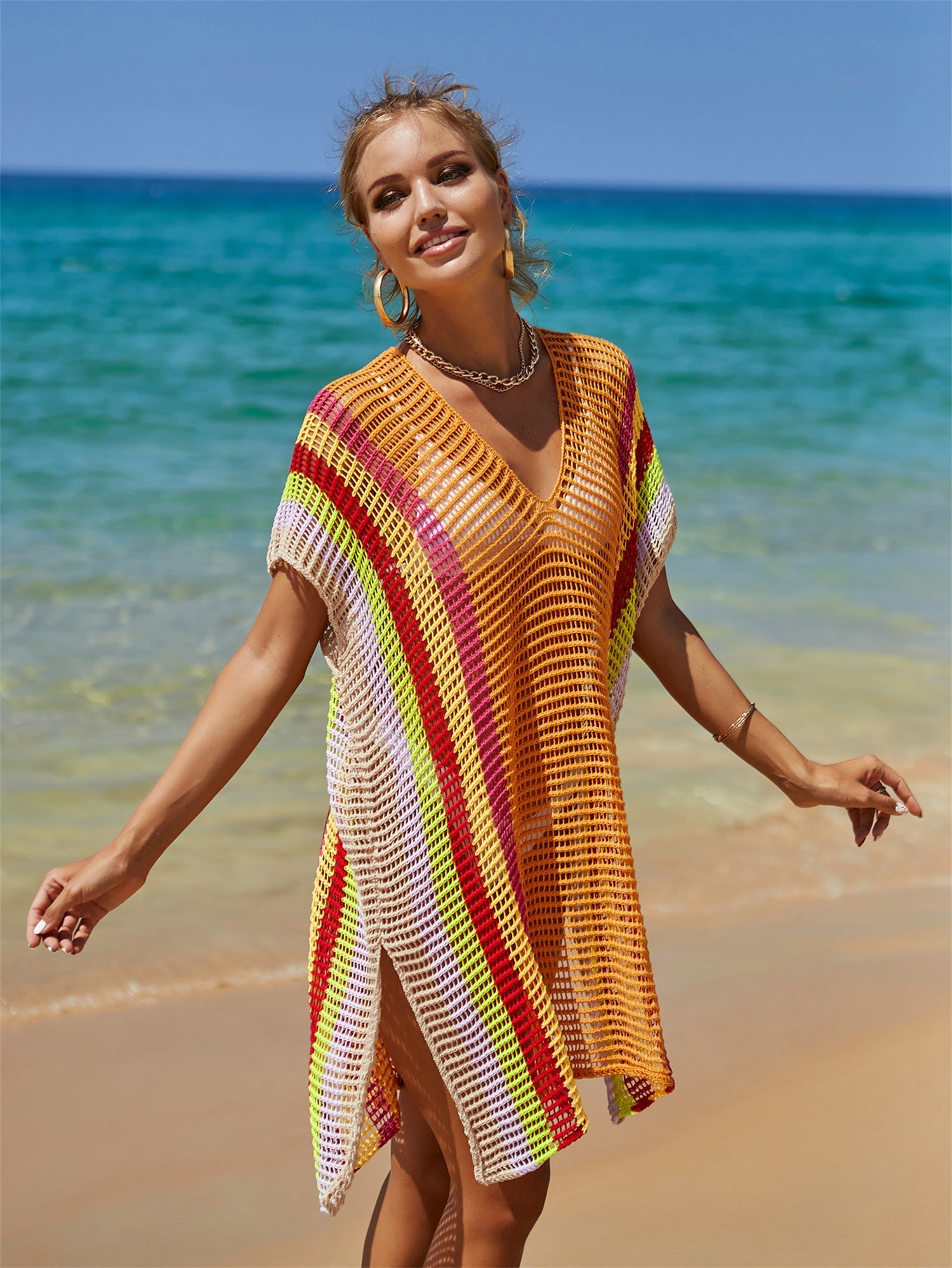 Summer Beach Cover-up Hollow Out Cutout Knitted Rainbow Holiday Bikini Cover Sun Protection Clothing Women Bella Mia