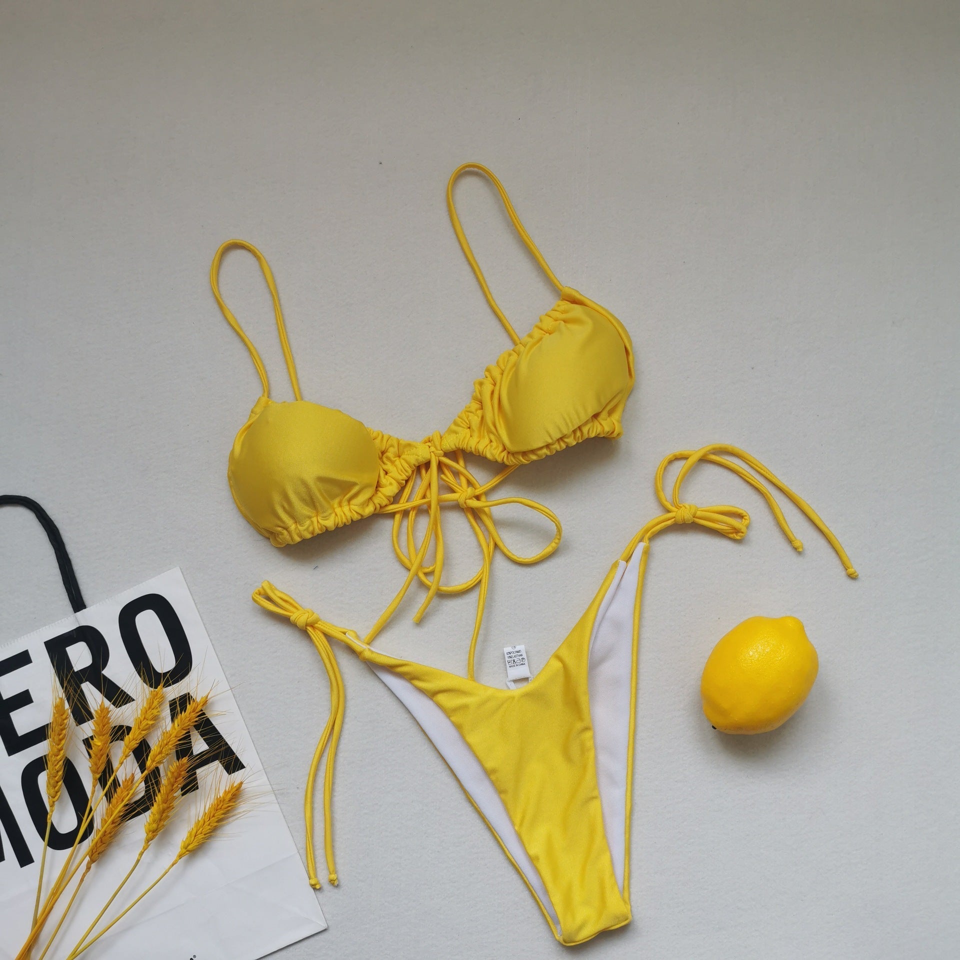 Sling Bandage Swimsuit Women Pleated Push up Drawstring Sexy Solid Color Bikini Swimsuit Bella Mia