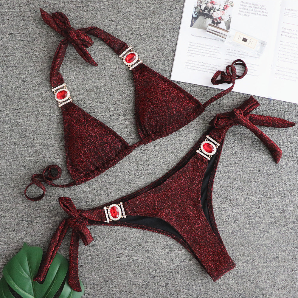 Sexy Shiny Special Fabric Swimsuit Crystal Diamond Bikini Gold Strap Women Swimsuit Bella Mia