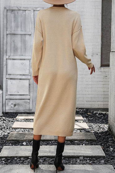 Decorative Button Notched Dropped Shoulder Sweater Dress.