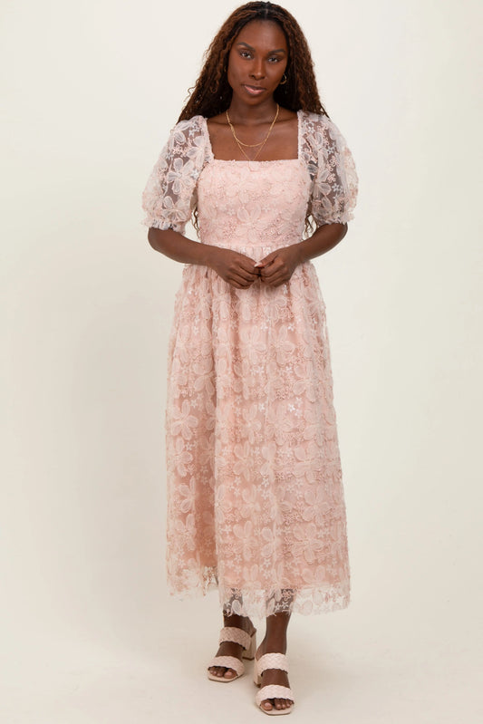 Light Pink Floral Mesh Overlay Tie Back Midi Dress PinkBlush