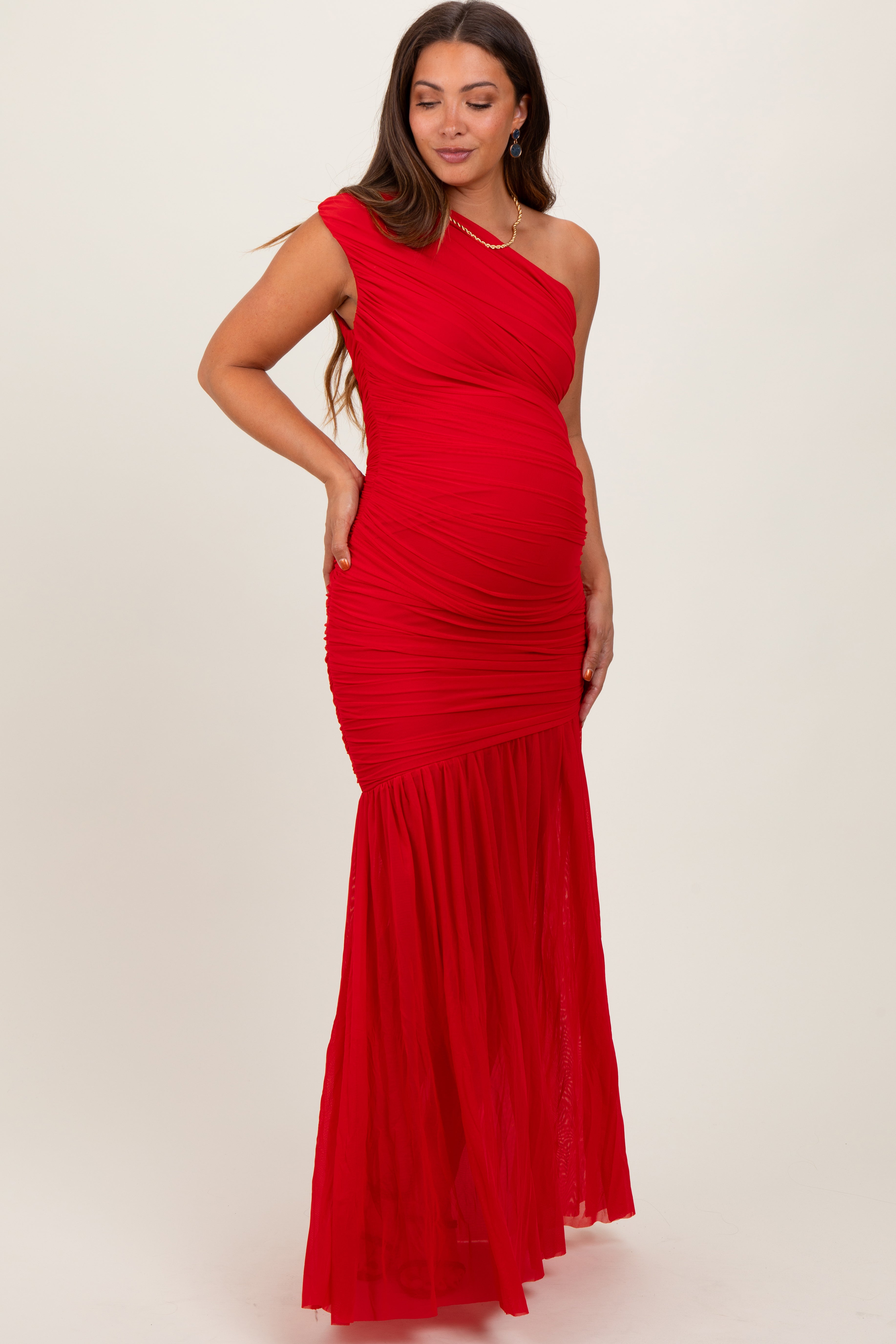 PinkBlush Red Ruched Mesh One Shoulder Maternity Maxi Dress - Detail View