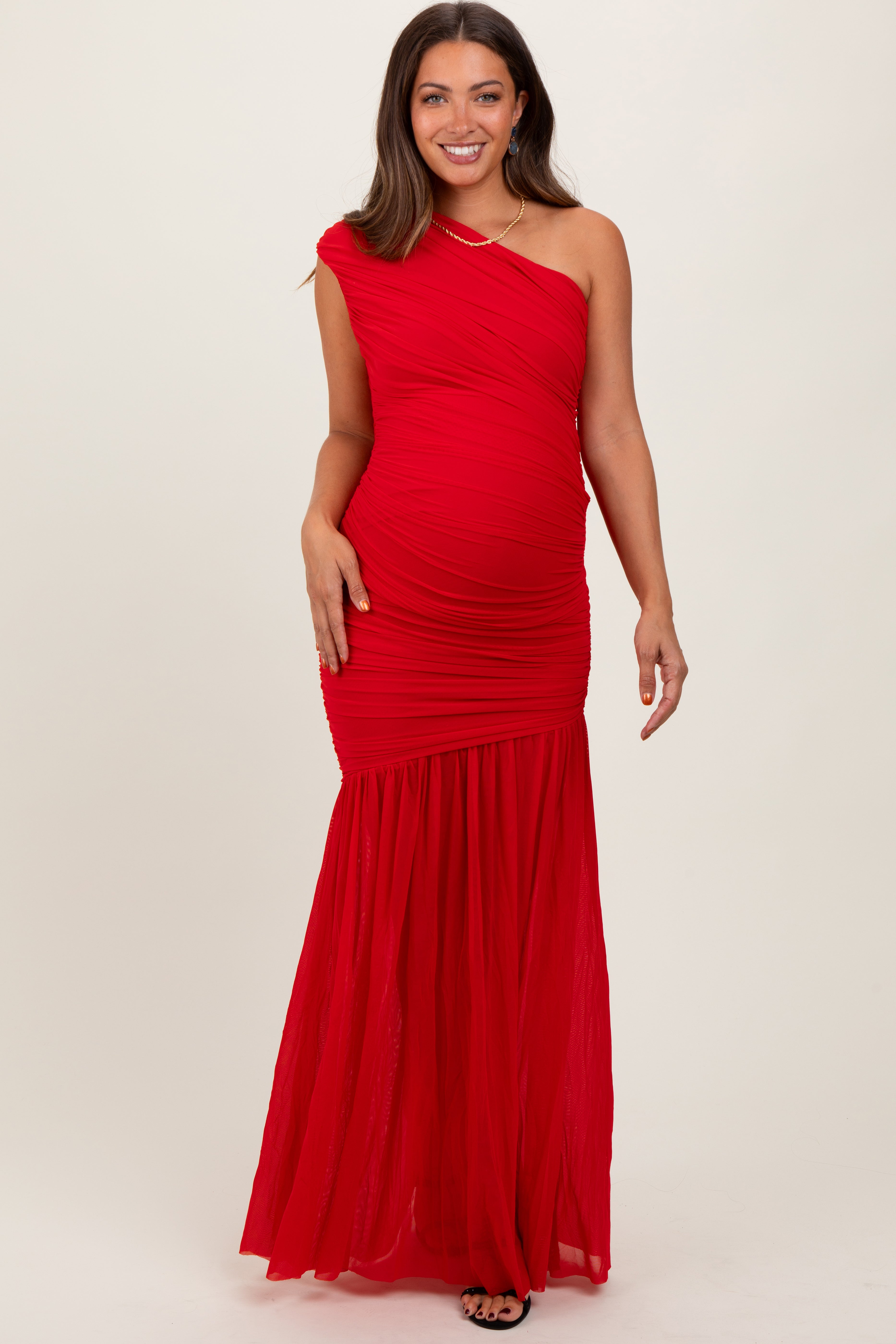 PinkBlush Red Ruched Mesh One Shoulder Maternity Maxi Dress - Alternate Angle