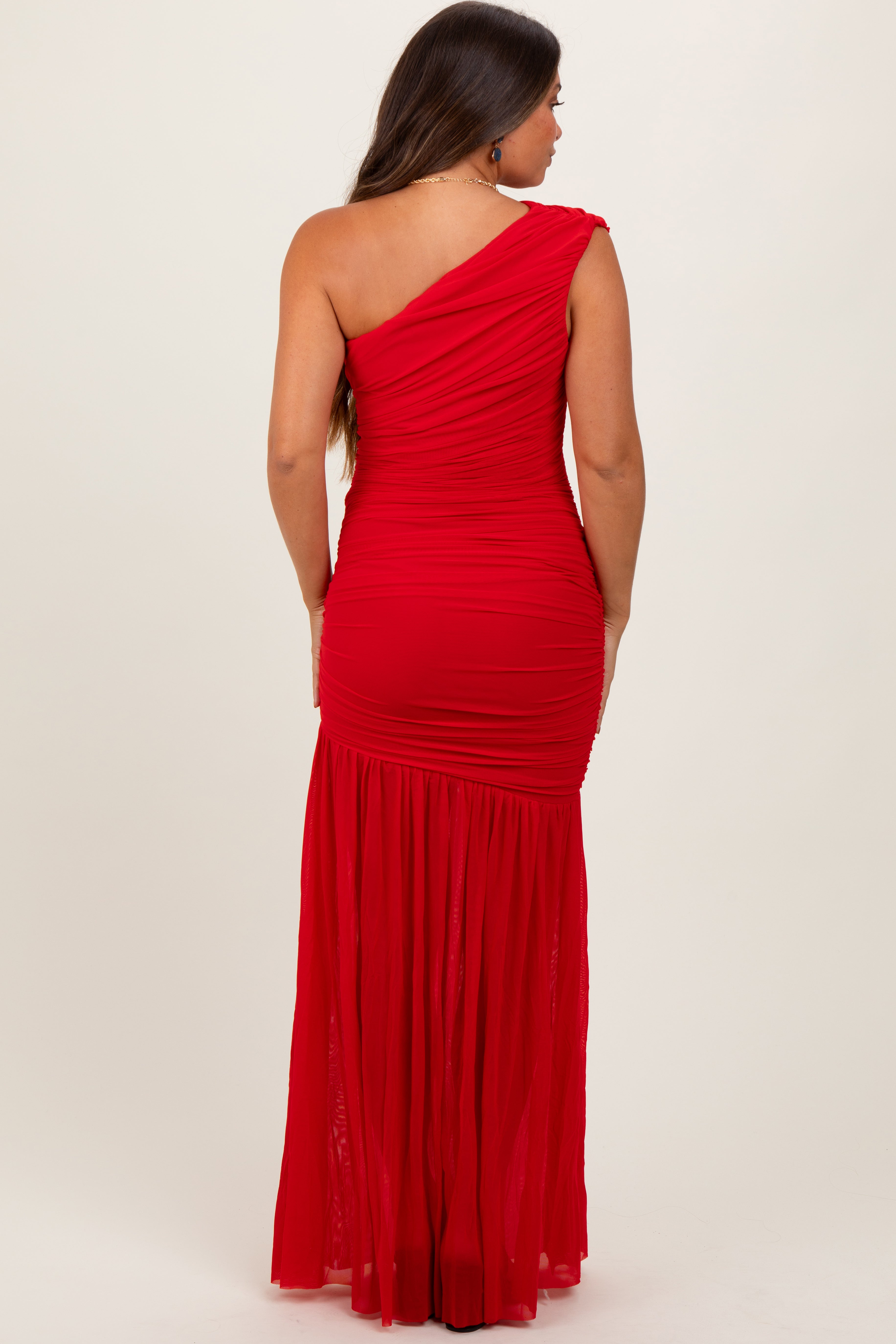 PinkBlush Red Ruched Mesh One Shoulder Maternity Maxi Dress - Full View