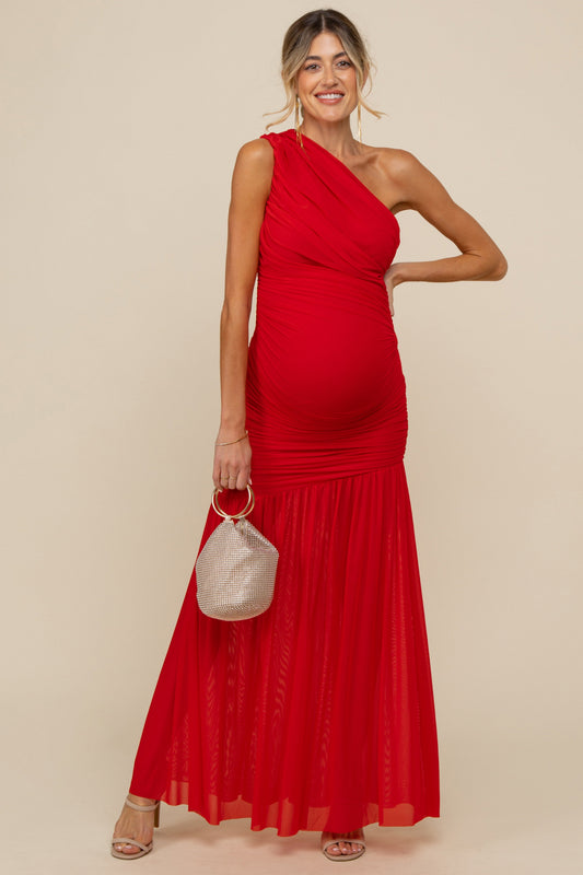 PinkBlush Red Ruched Mesh One Shoulder Maternity Maxi Dress, elegant and comfortable for expectant mothers.