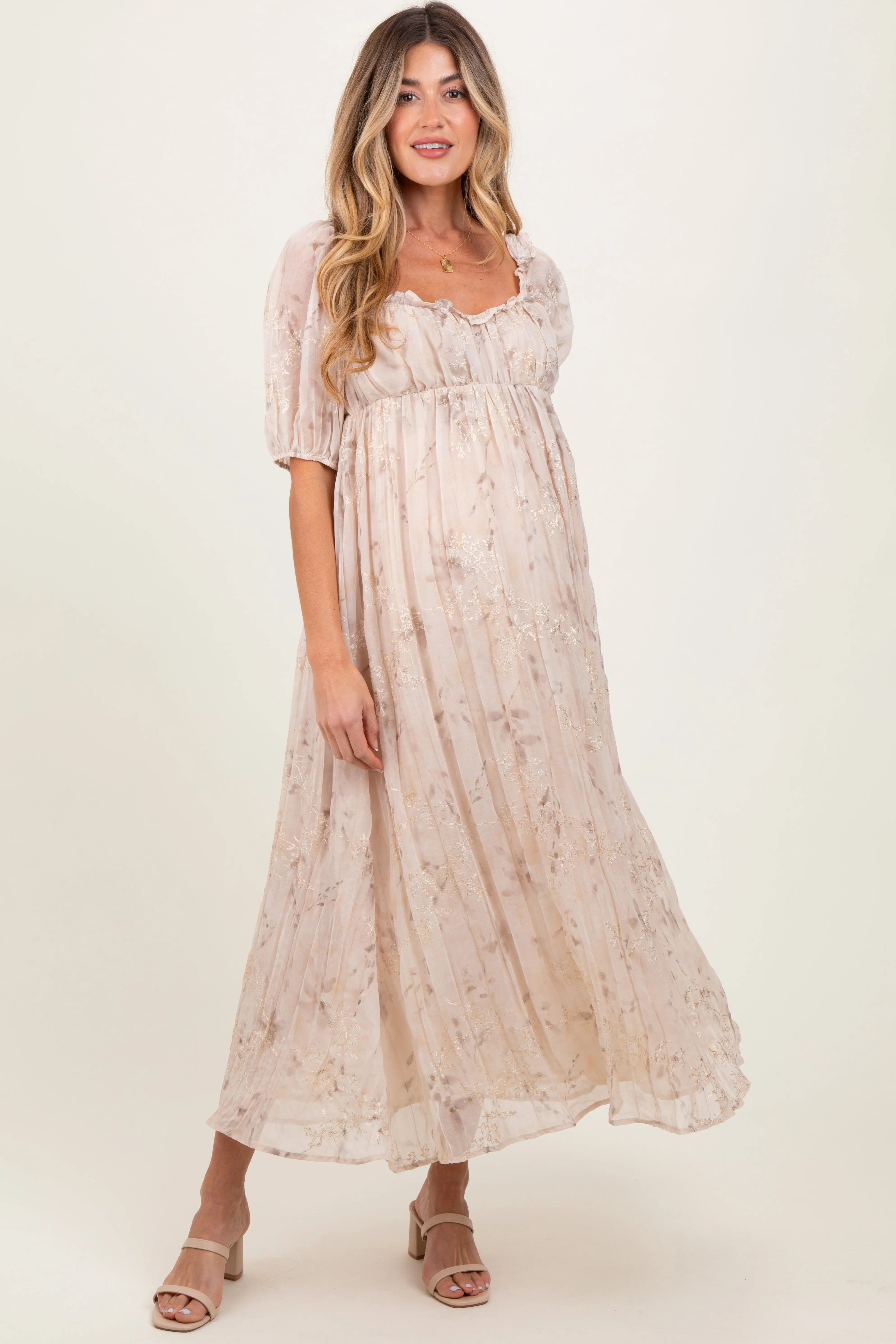 Cream Floral Chiffon Embroidered Ruffle Trim Maternity Maxi Dress PinkBlush