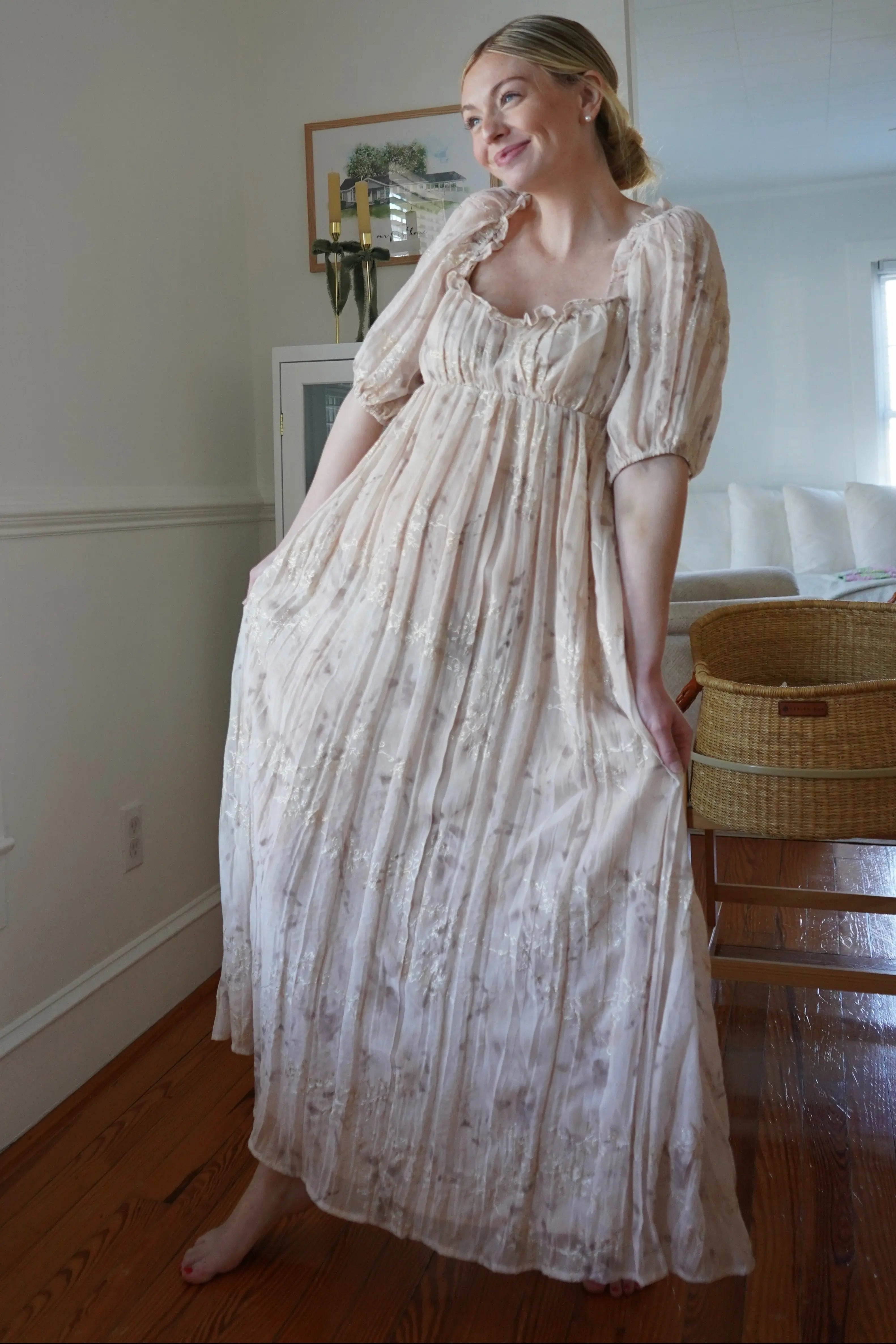 Cream Floral Chiffon Embroidered Ruffle Trim Maternity Maxi Dress PinkBlush