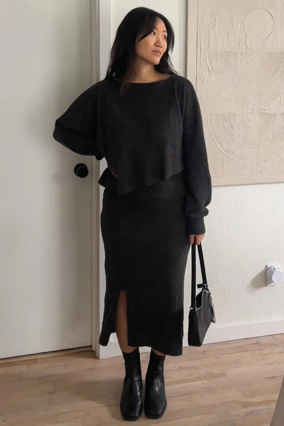 Charcoal Ribbed Knit Asymmetric Top Midi Skirt Set PinkBlush