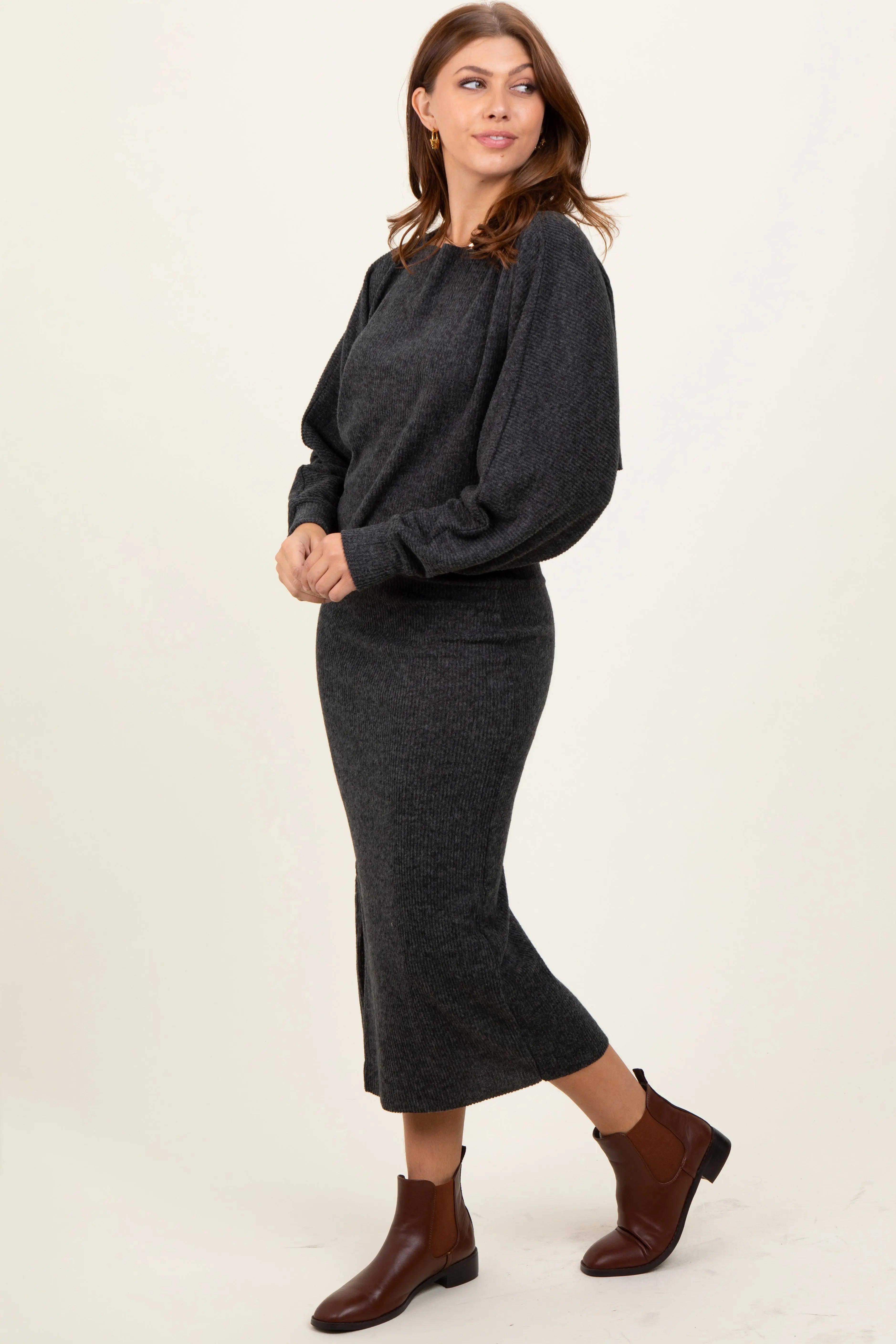Charcoal Ribbed Knit Asymmetric Top Midi Skirt Set PinkBlush