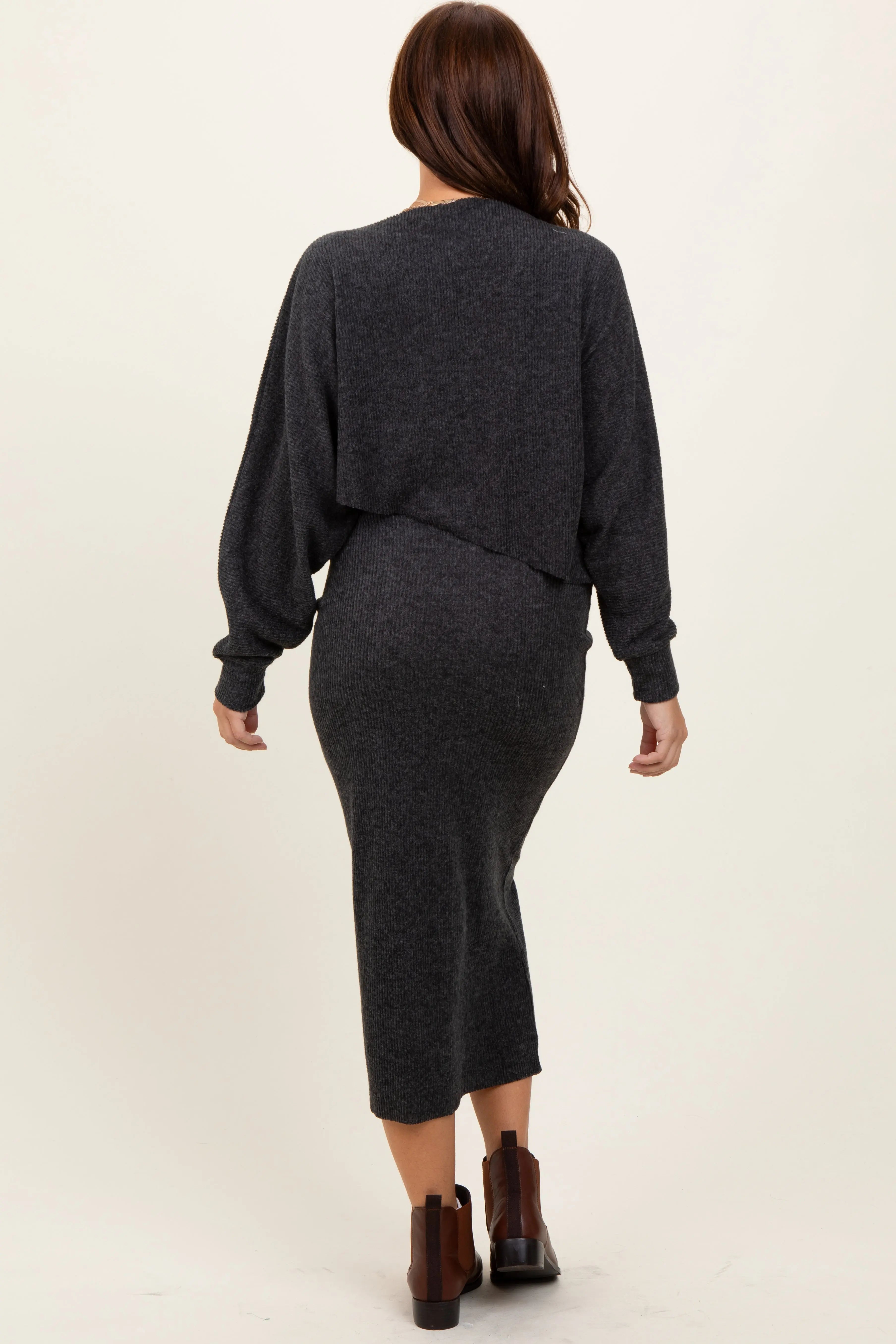 Charcoal Ribbed Knit Asymmetric Top Midi Skirt Set PinkBlush