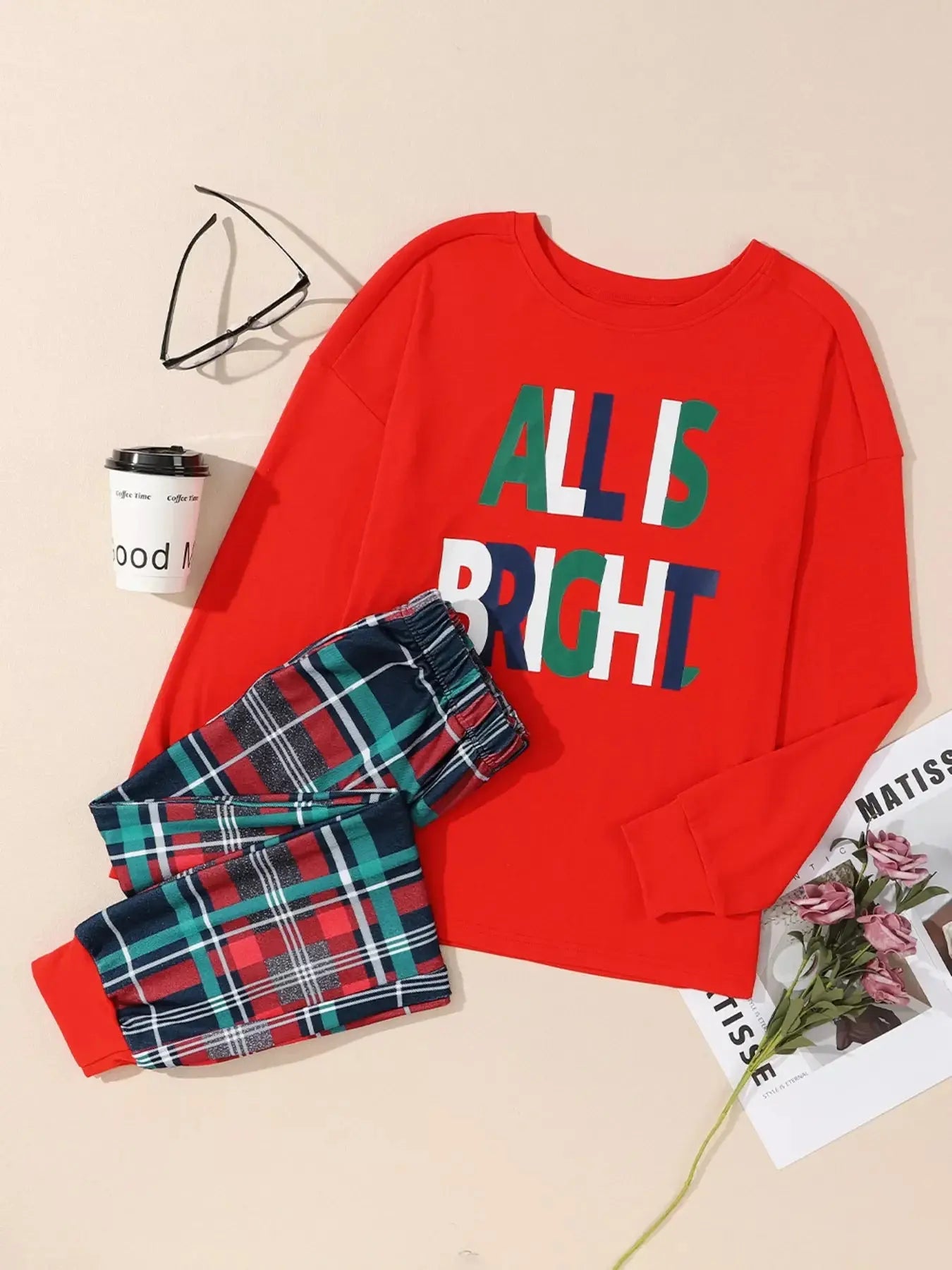 ALL IS BRIGHT Graphic Christmas Plaid Pajamas Set Simply Love