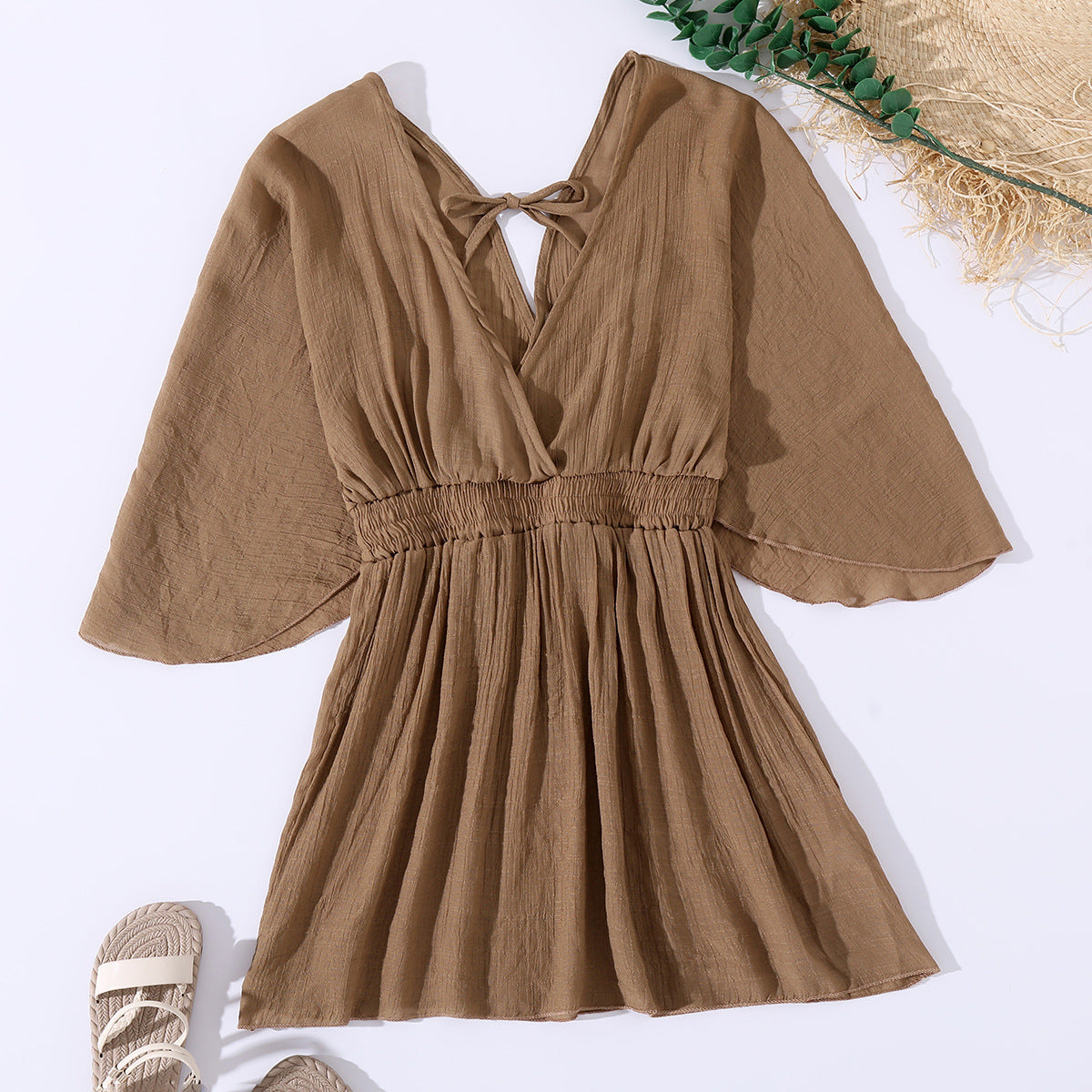 Summer Bikini Beach Dress Sun Protection by the Sea V neck Waist Controlled Long Sleeves Backless Blouse Women Bella Mia