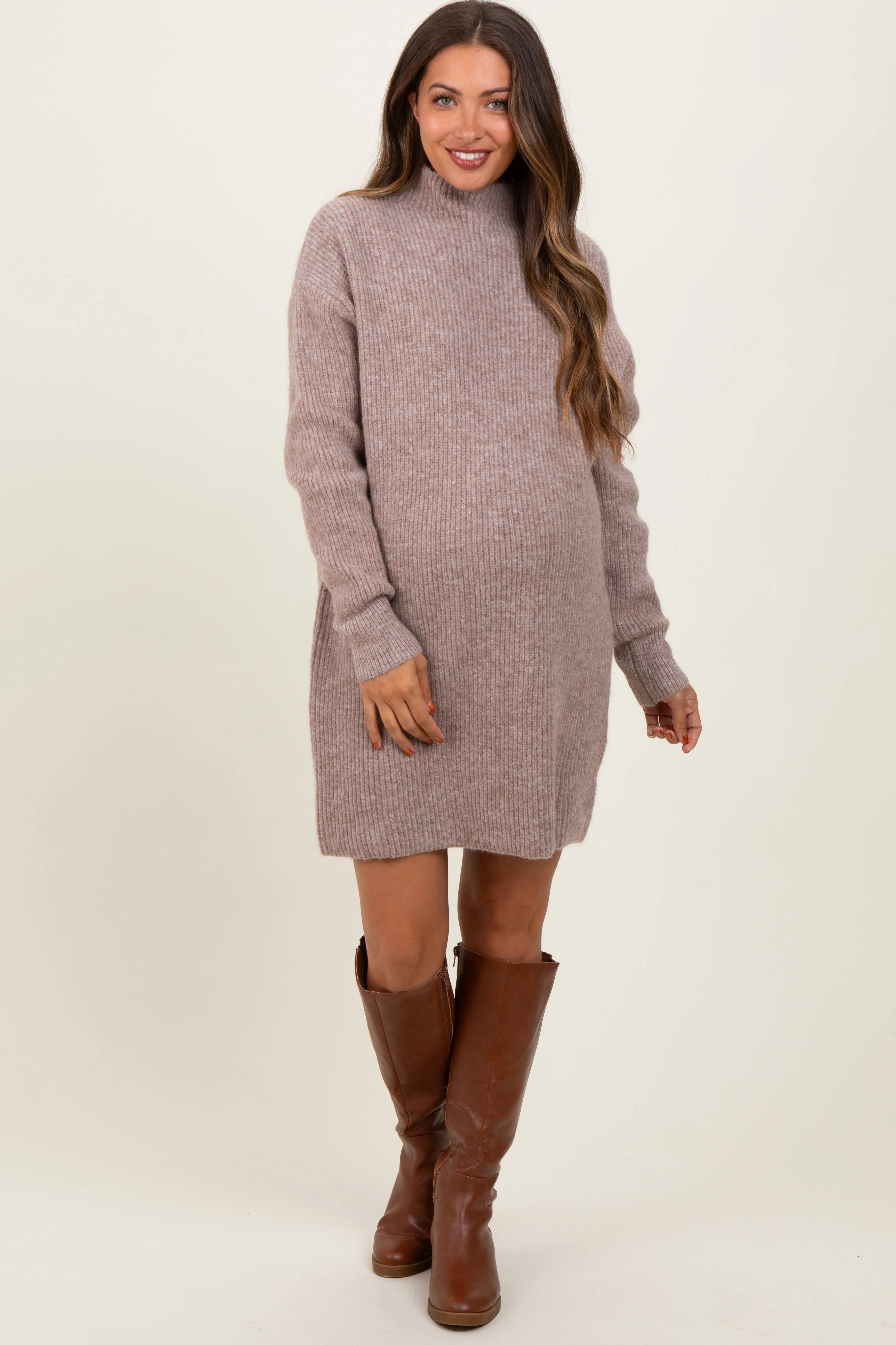 Mocha Mock Neck Maternity Mini Sweater Dress PinkBlush