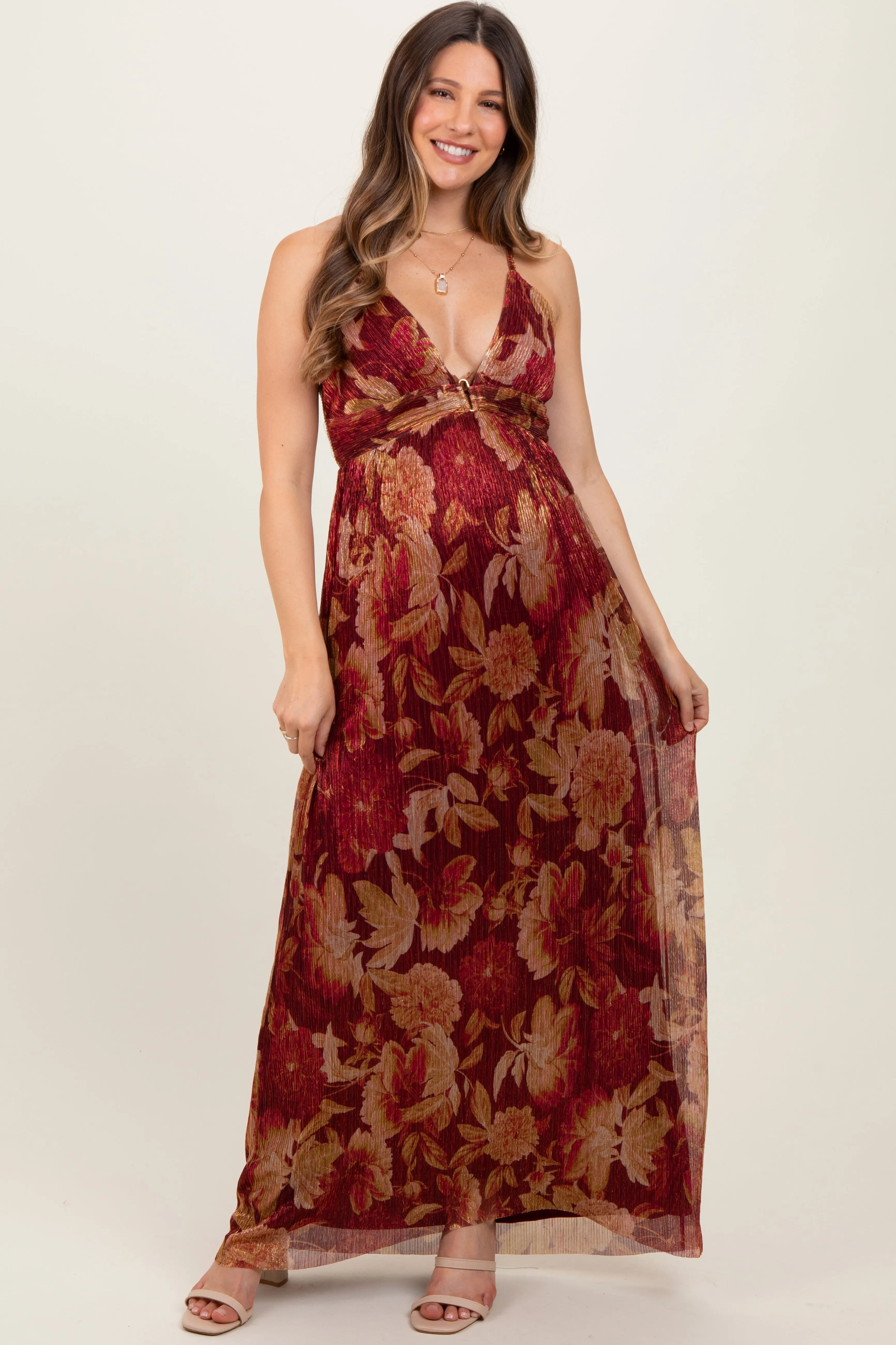 Burgundy Floral Deep V-Neck Back Cutout Maternity Maxi Dress PinkBlush