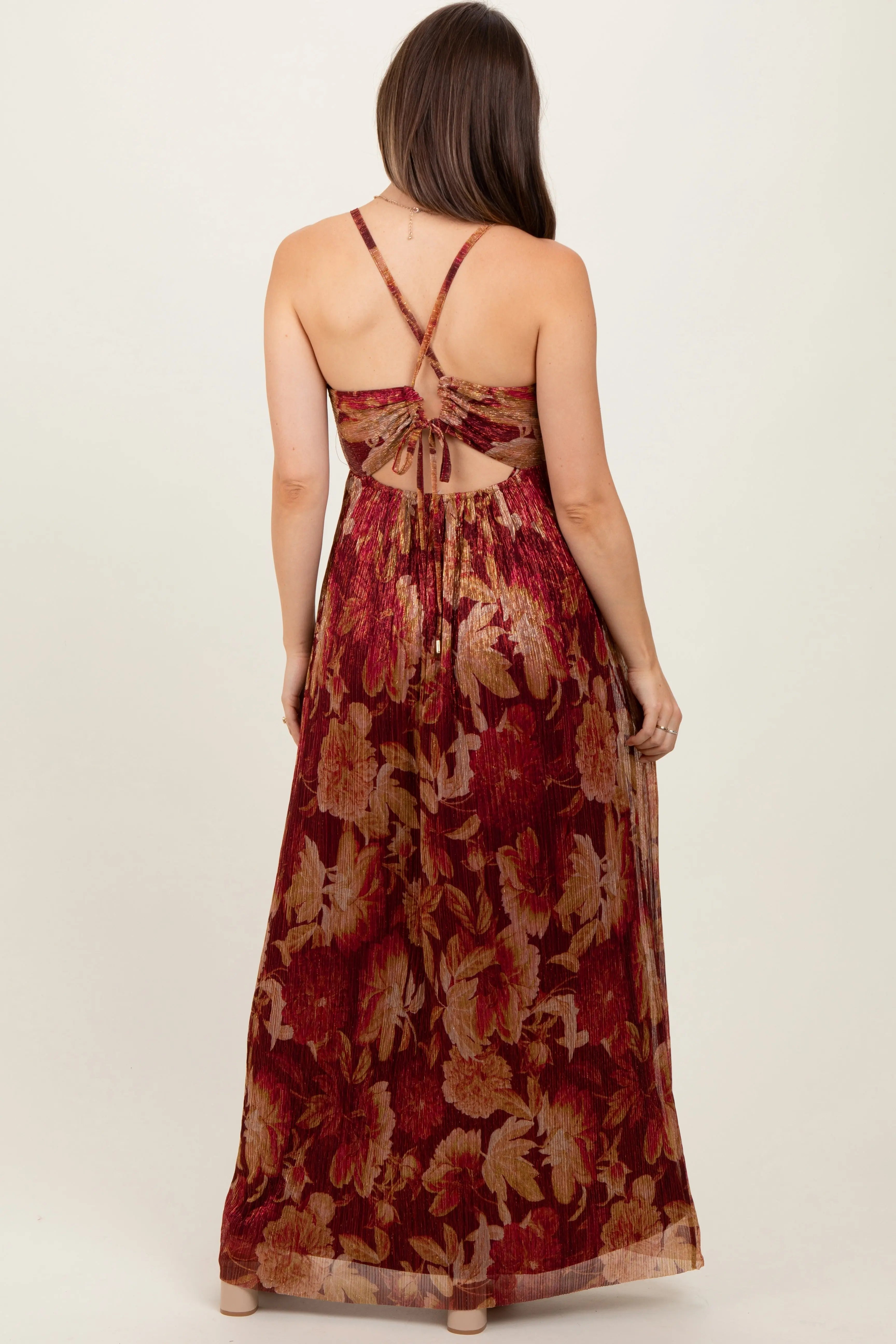Burgundy Floral Deep V-Neck Back Cutout Maternity Maxi Dress PinkBlush