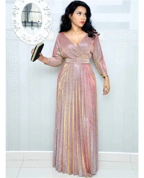Winter African Women Wear Long Sleeve Bronzing Pleated Swing Dress with Belt Glittering Powder Fabric Bella Mia