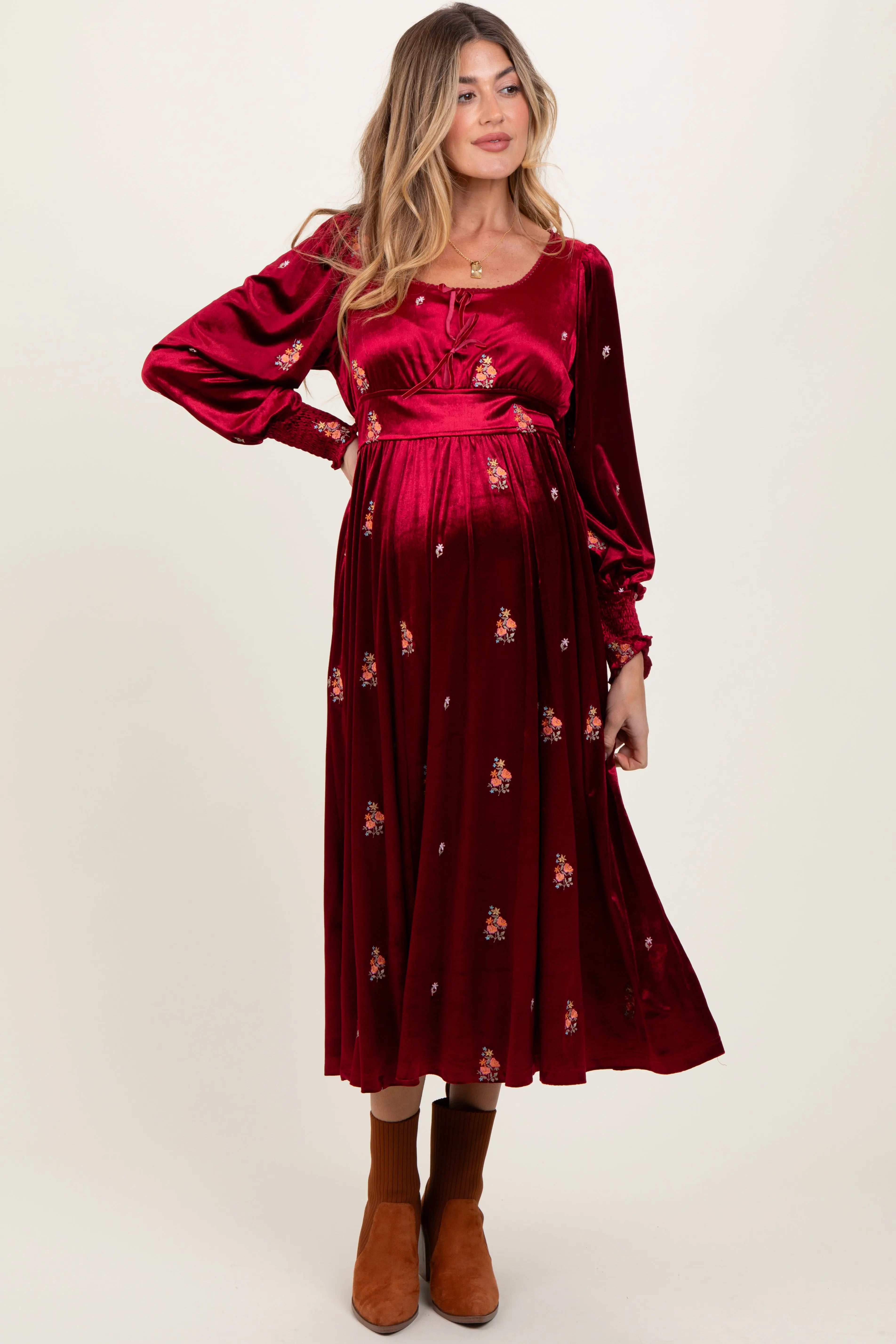 Red Velvet Embroidered Floral Maternity Midi Dress PinkBlush
