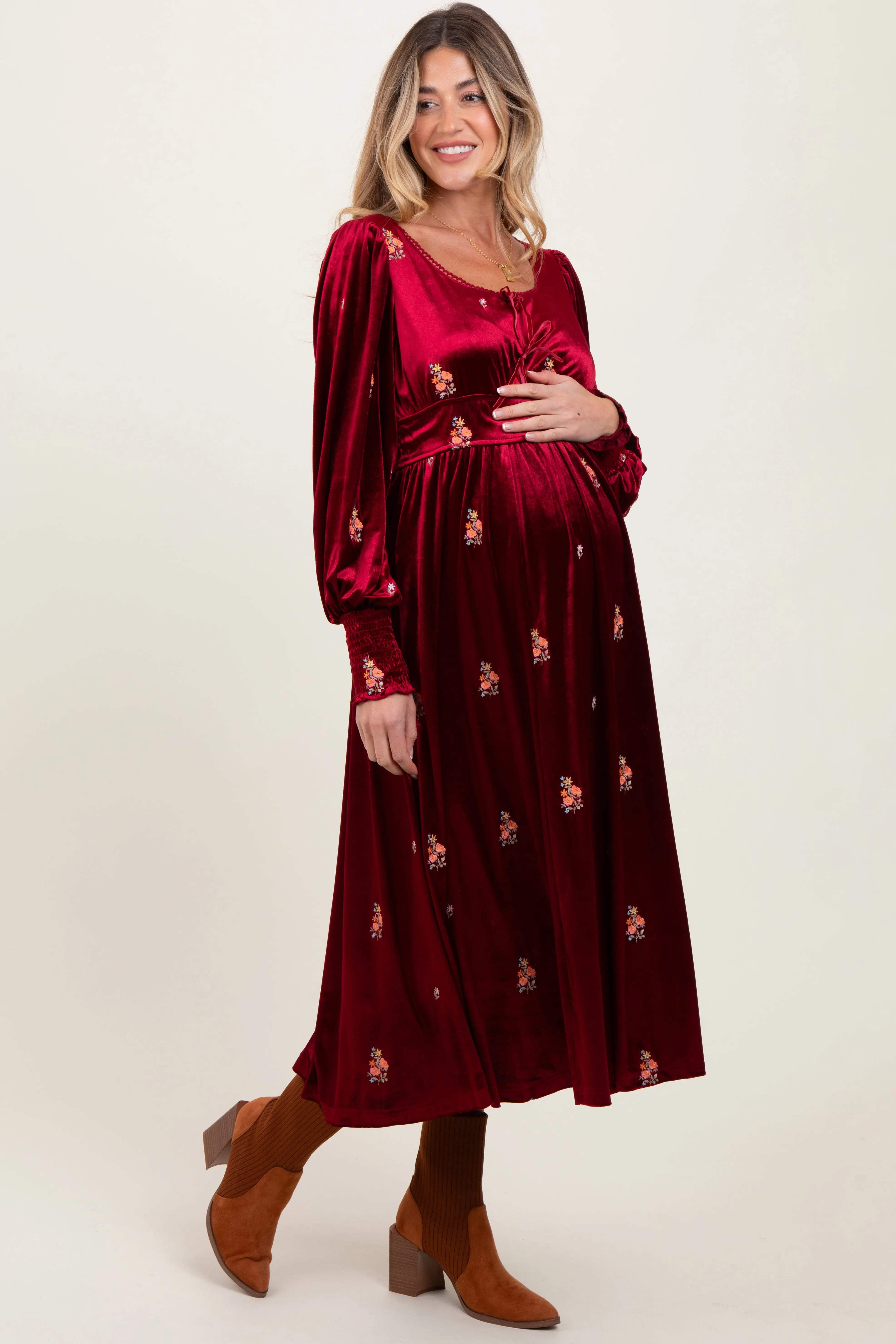 Red Velvet Embroidered Floral Maternity Midi Dress PinkBlush