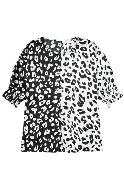 Chic black plus size leopard print half sleeve blouse