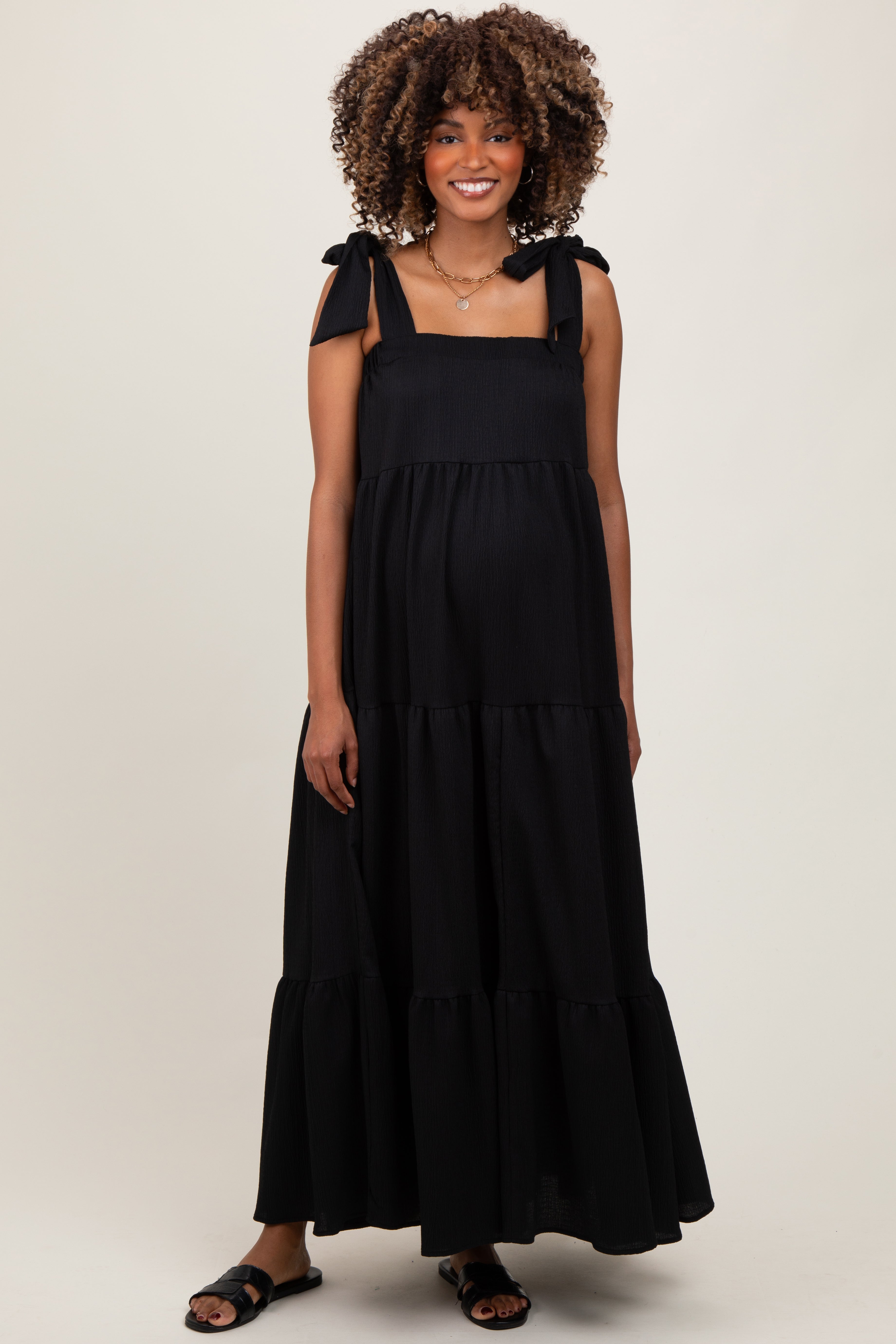 Black Shoulder Tie Tiered Maternity Maxi Dress PinkBlush