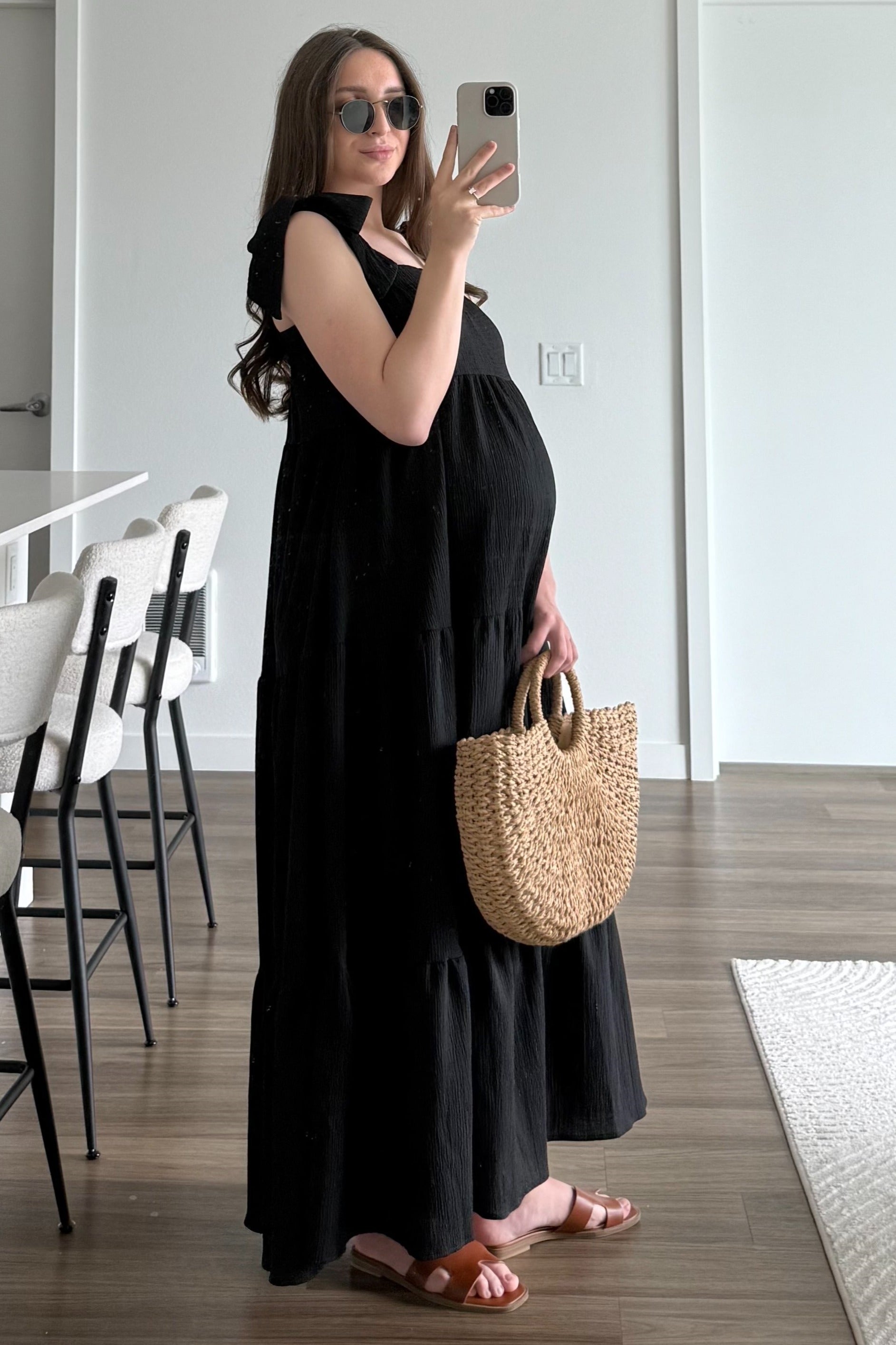 Black Shoulder Tie Tiered Maternity Maxi Dress PinkBlush