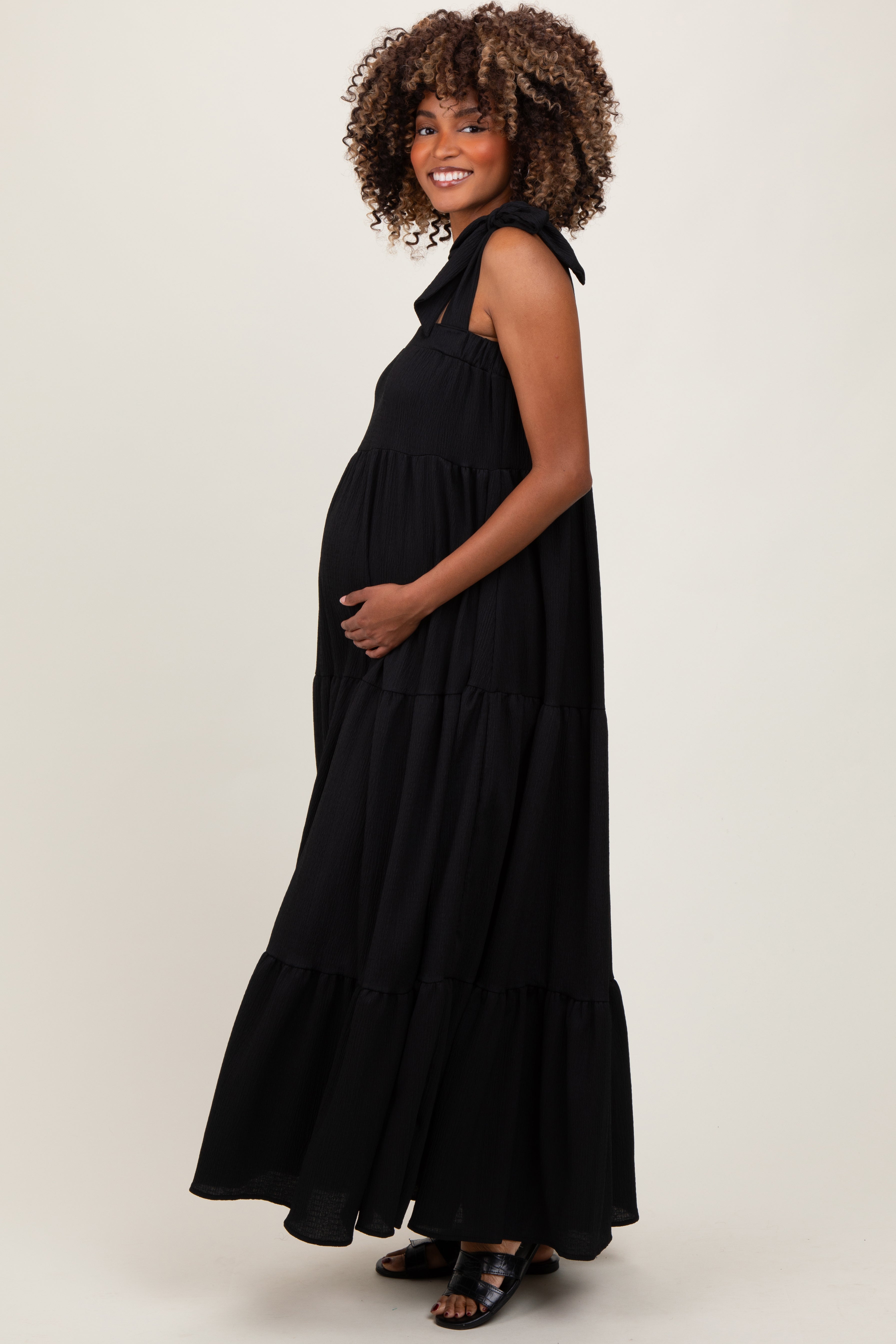 Black Shoulder Tie Tiered Maternity Maxi Dress PinkBlush