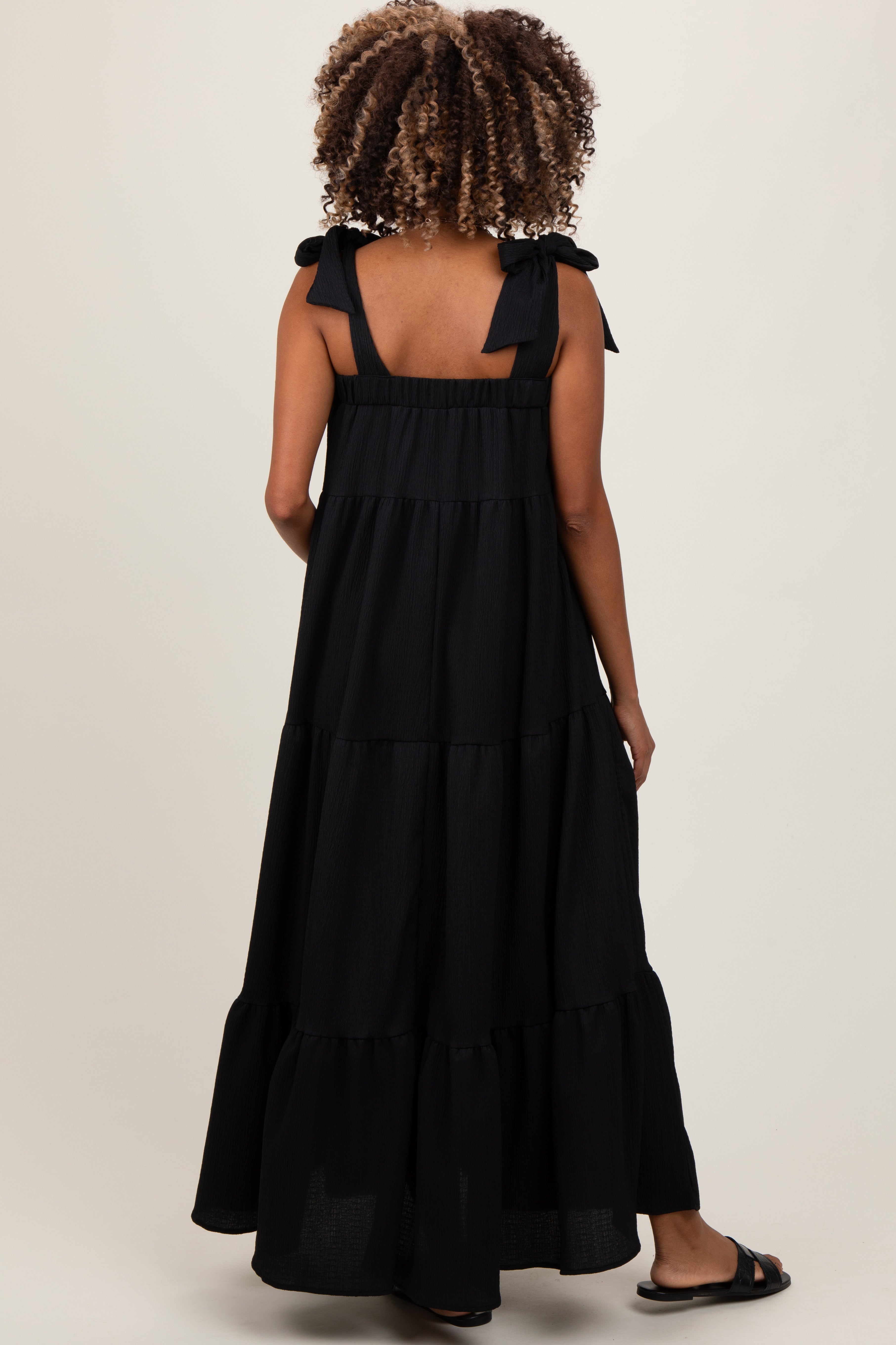 Black Shoulder Tie Tiered Maternity Maxi Dress PinkBlush