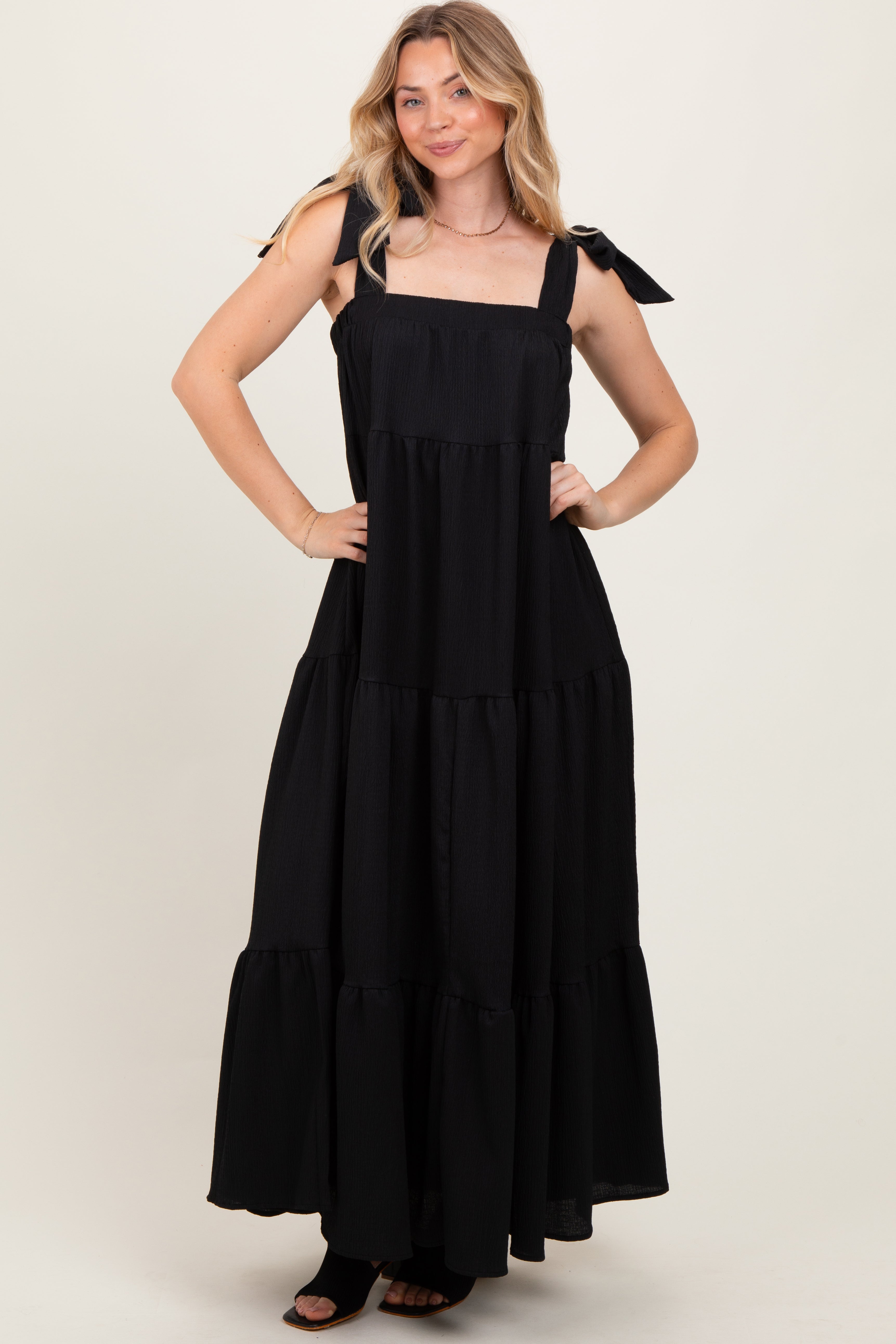 Black Shoulder Tie Tiered Maternity Maxi Dress PinkBlush