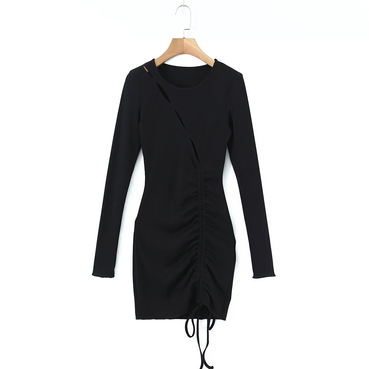 Women Clothing Spring Sexy Hollow Out Drawstring Lace Knitted Dress Hip Dress Bella Mia