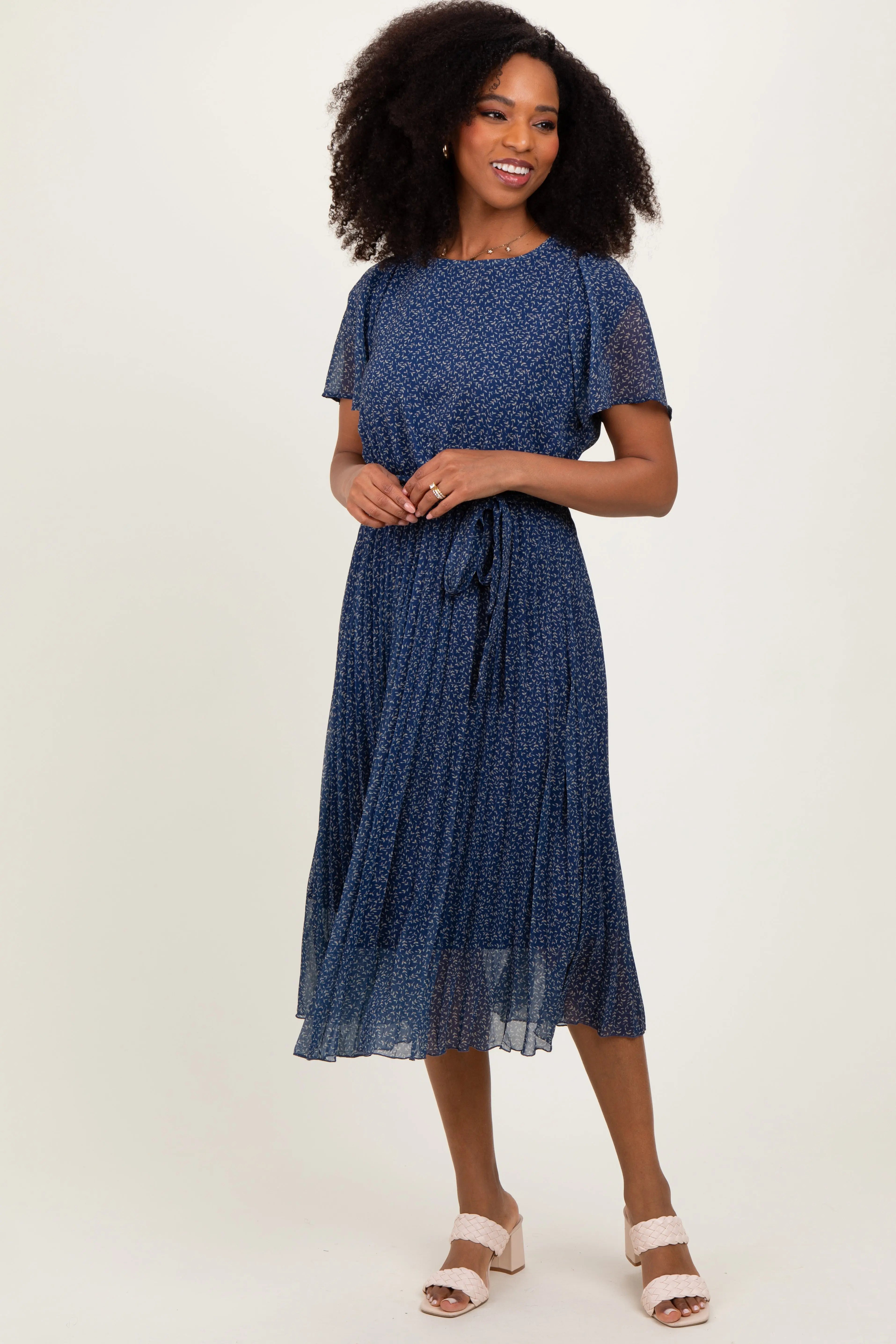 Navy Leaf Print Pleated Midi Dress PinkBlush