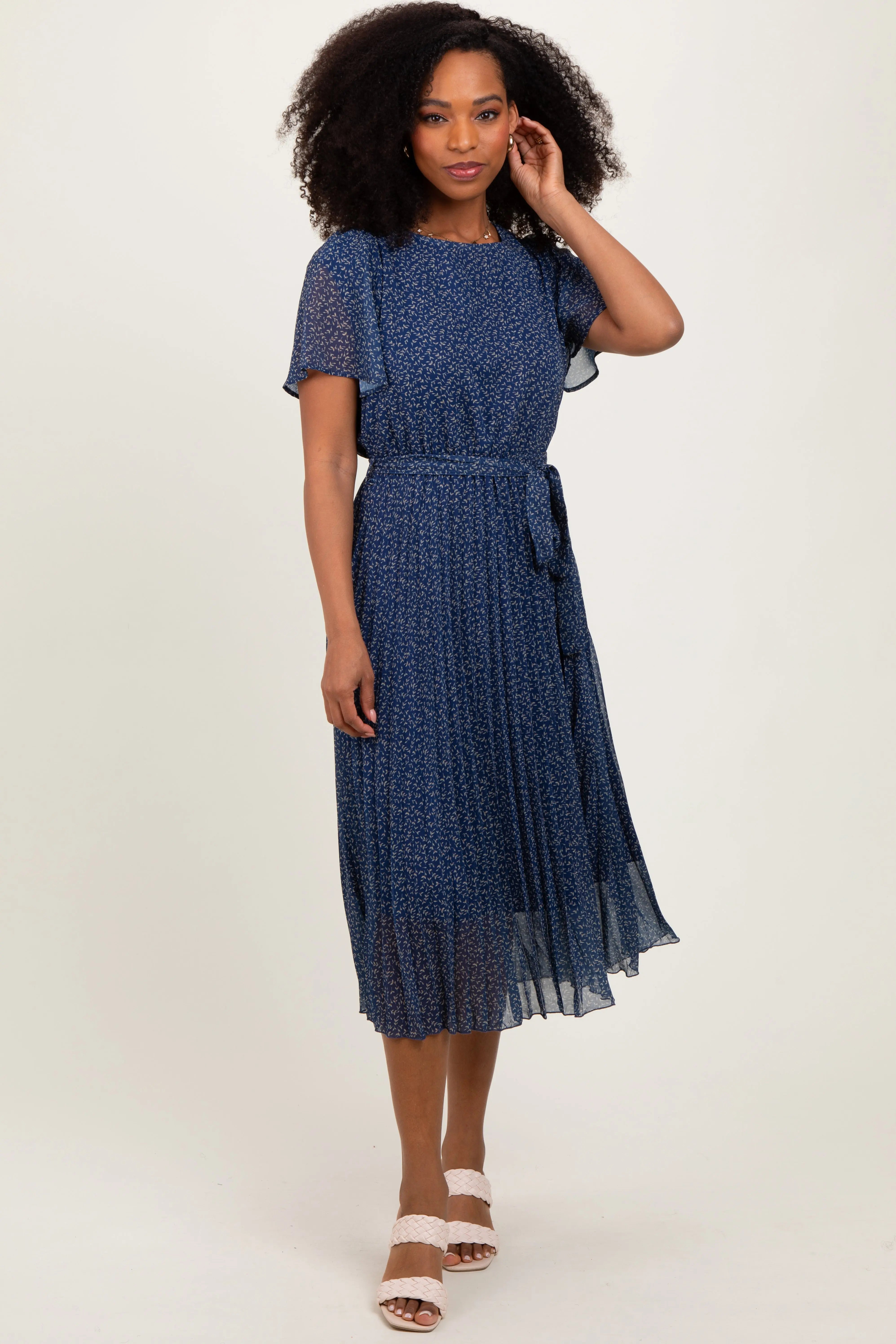 Navy Leaf Print Pleated Midi Dress PinkBlush