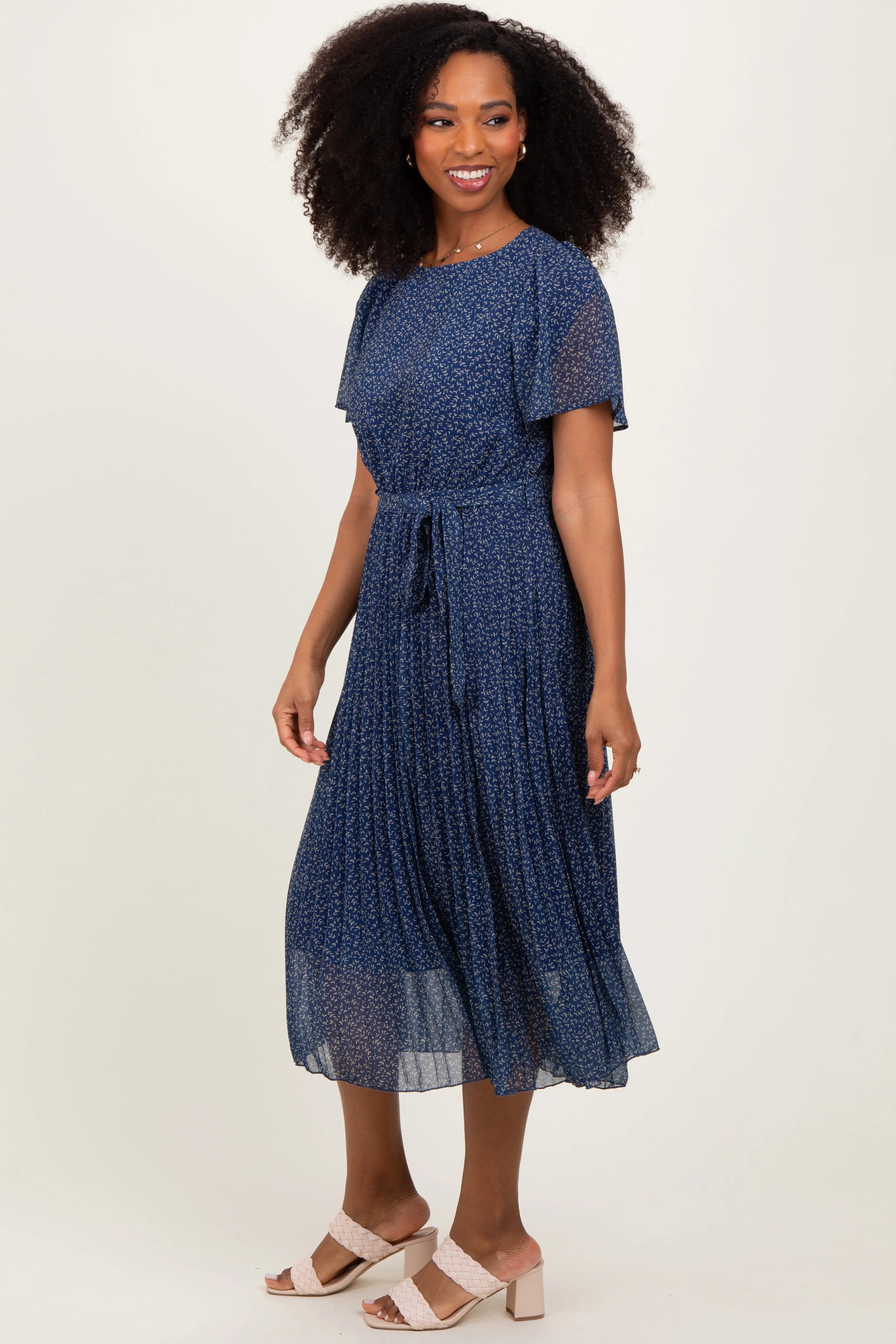 Navy Leaf Print Pleated Midi Dress PinkBlush