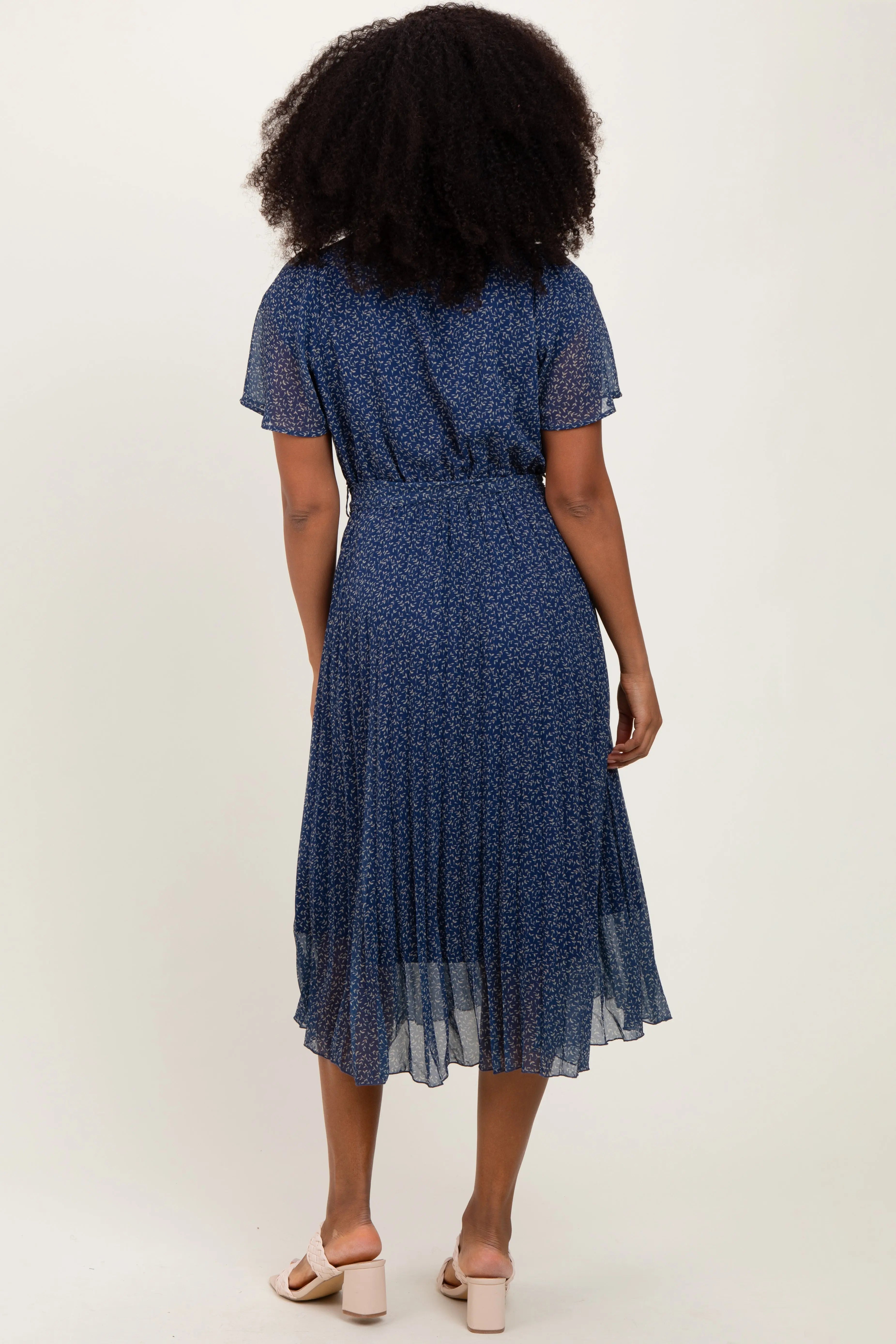 Navy Leaf Print Pleated Midi Dress PinkBlush