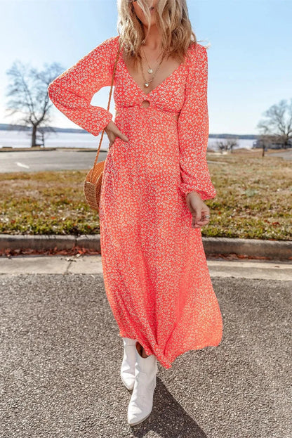 Chic V-neck midi dress, long sleeves