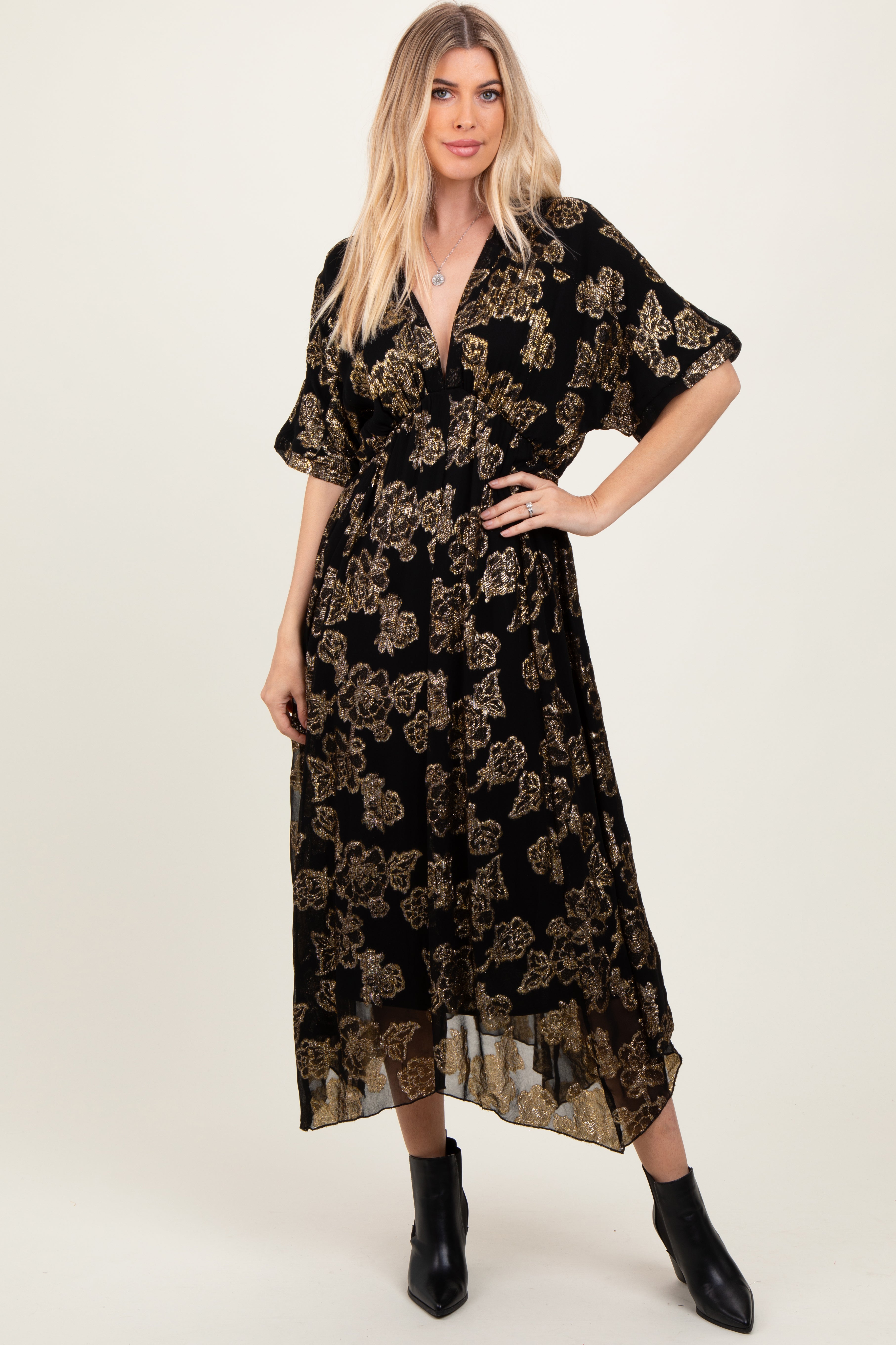 Black Metallic Floral Jacquard Overlay Maternity Maxi Dress PinkBlush