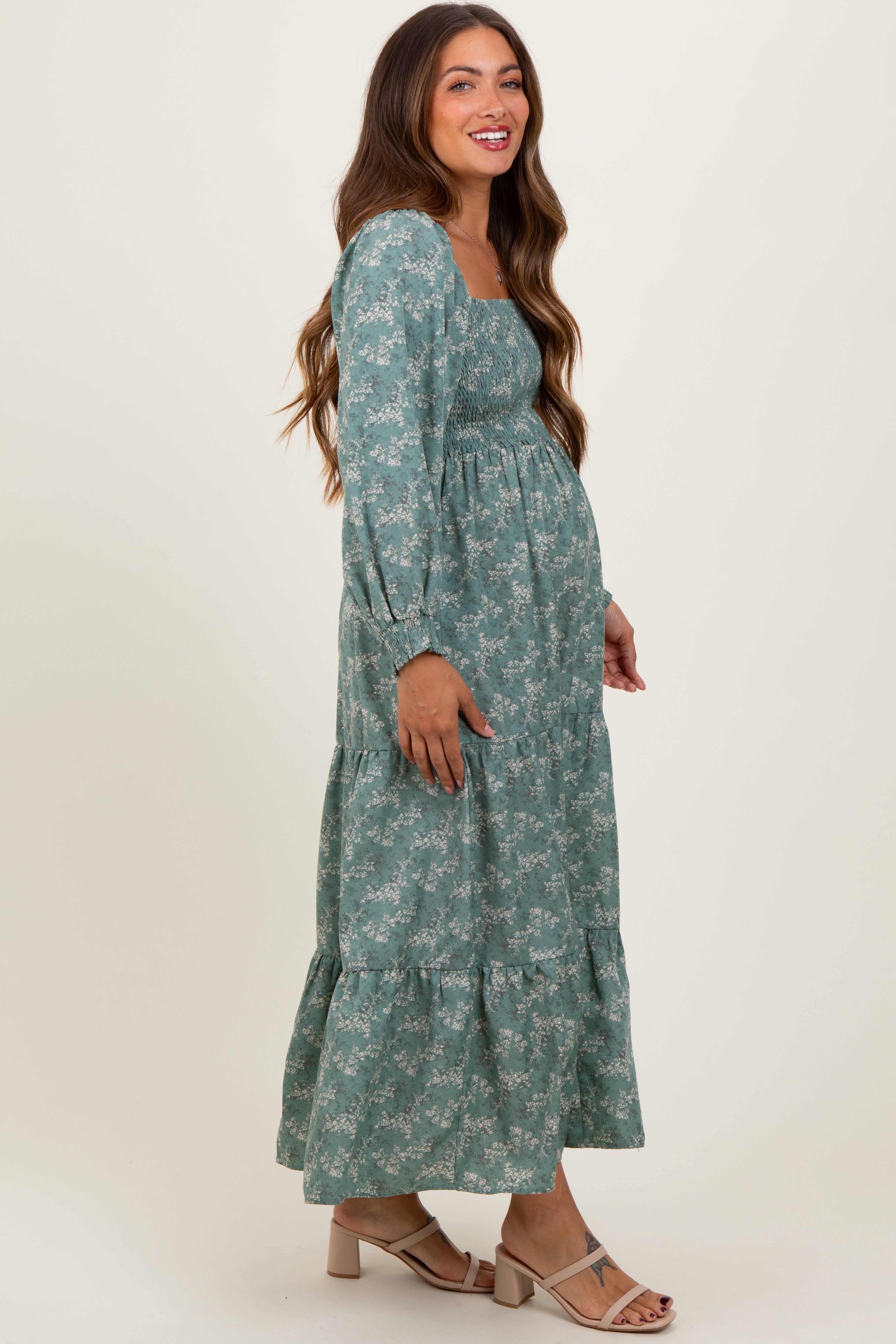 Light Olive Floral Smocked Square Neck Maternity Maxi Dress PinkBlush