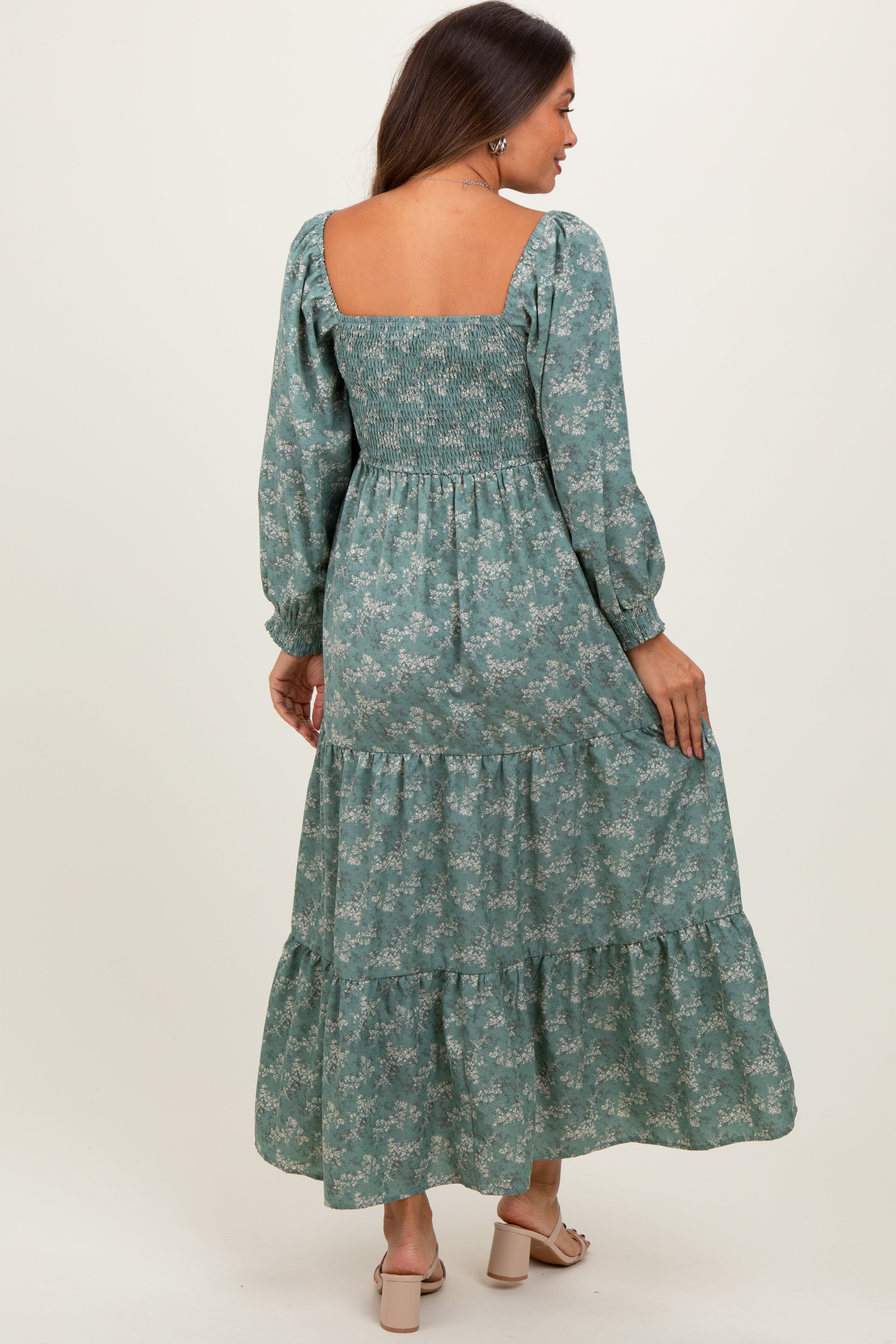 Light Olive Floral Smocked Square Neck Maternity Maxi Dress PinkBlush
