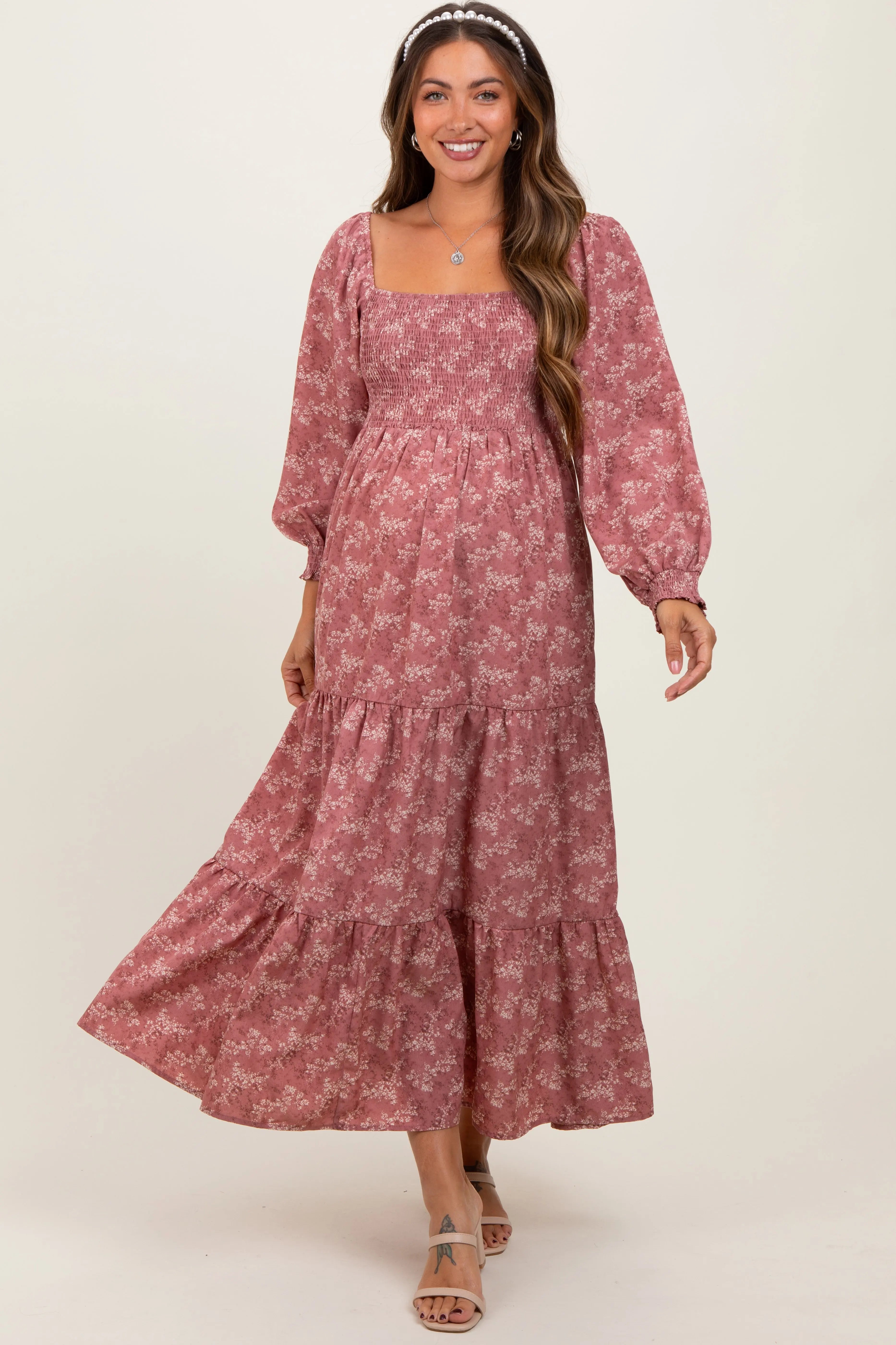 Mauve Floral Smocked Square Neck Maternity Maxi Dress PinkBlush