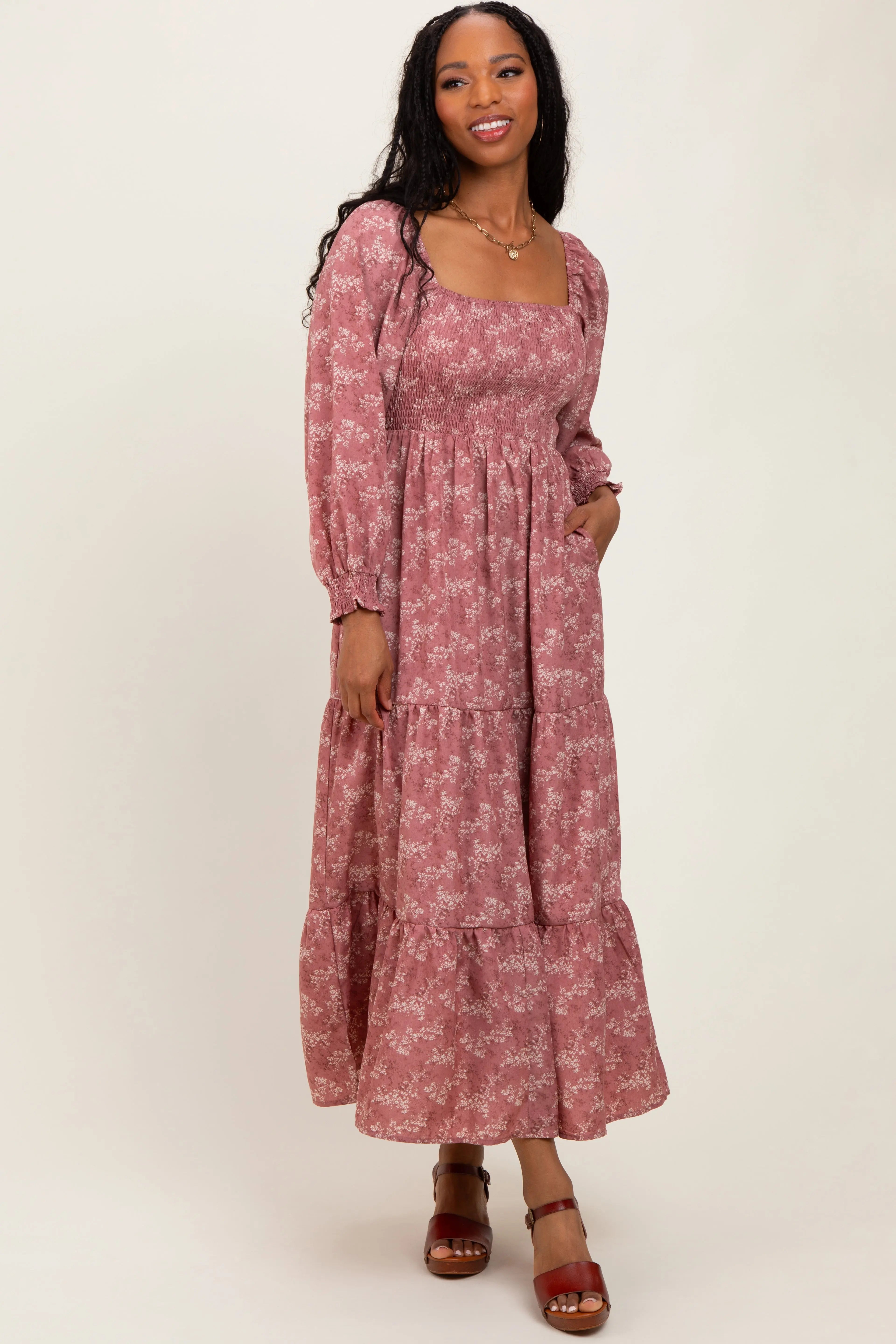 Mauve Floral Smocked Square Neck Maternity Maxi Dress PinkBlush
