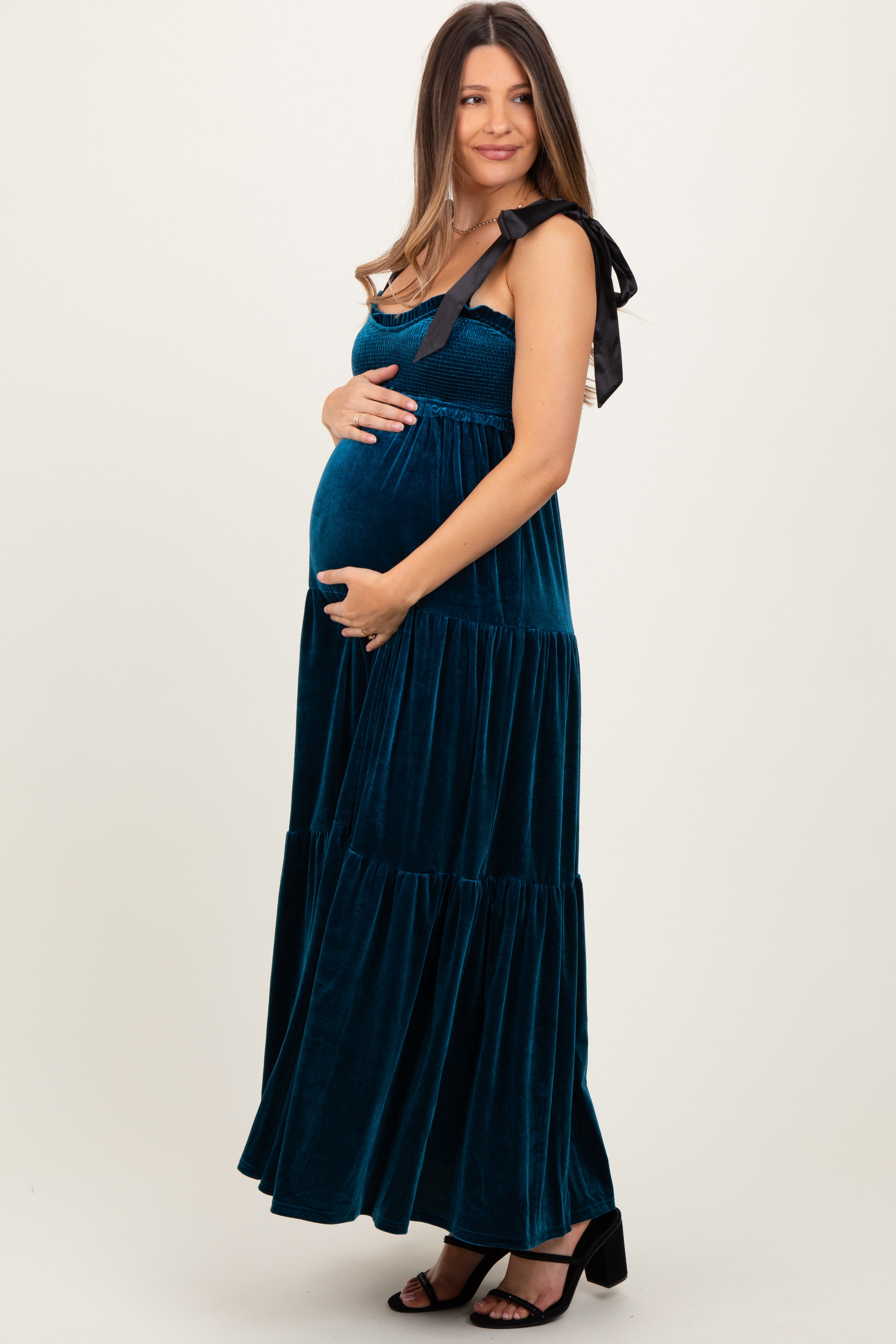 Deep Teal Velvet Smocked Satin Shoulder Tie Maternity Maxi Dress PinkBlush