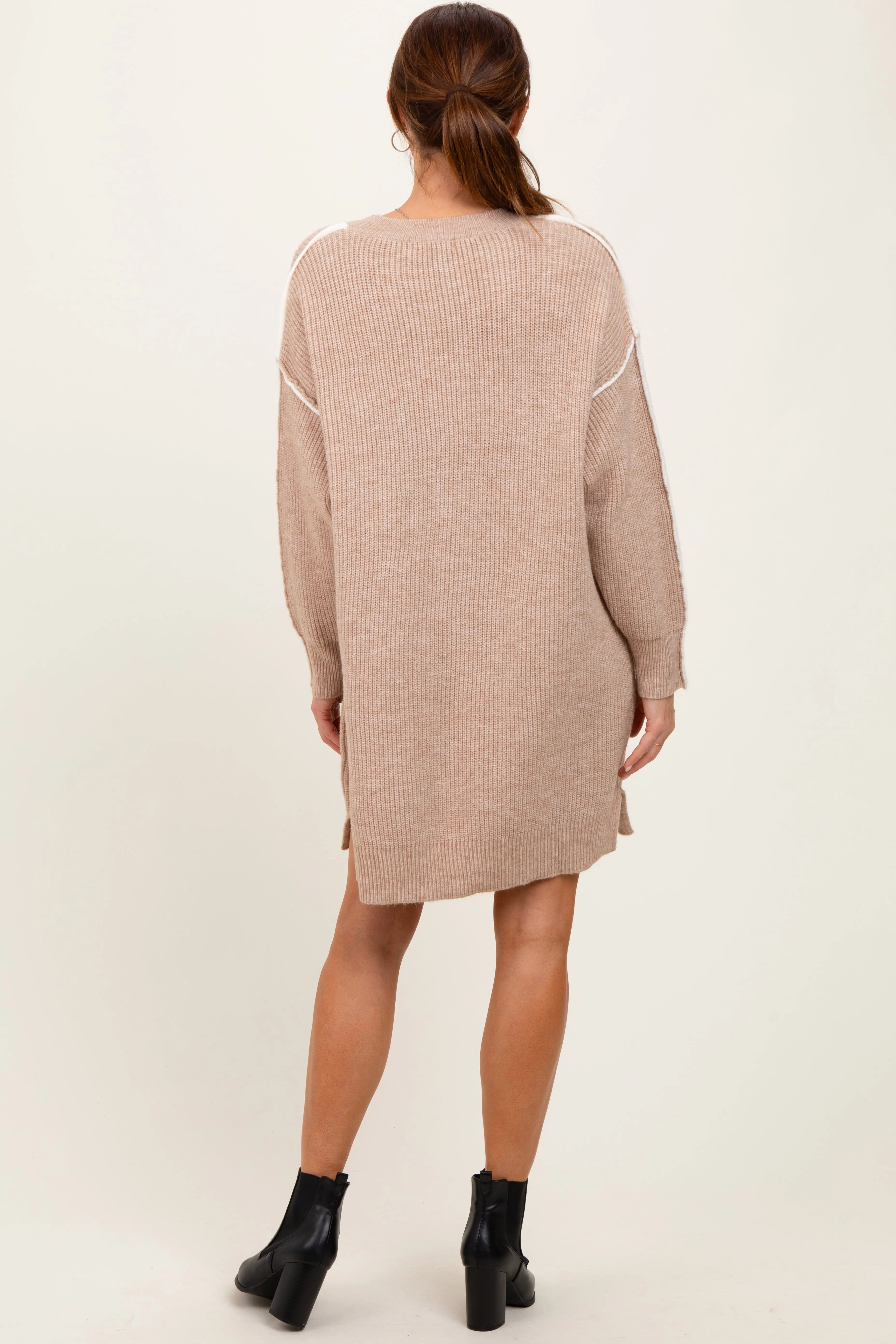 Beige Turtleneck Colorblock Contrast Trim Sweater Dress PinkBlush