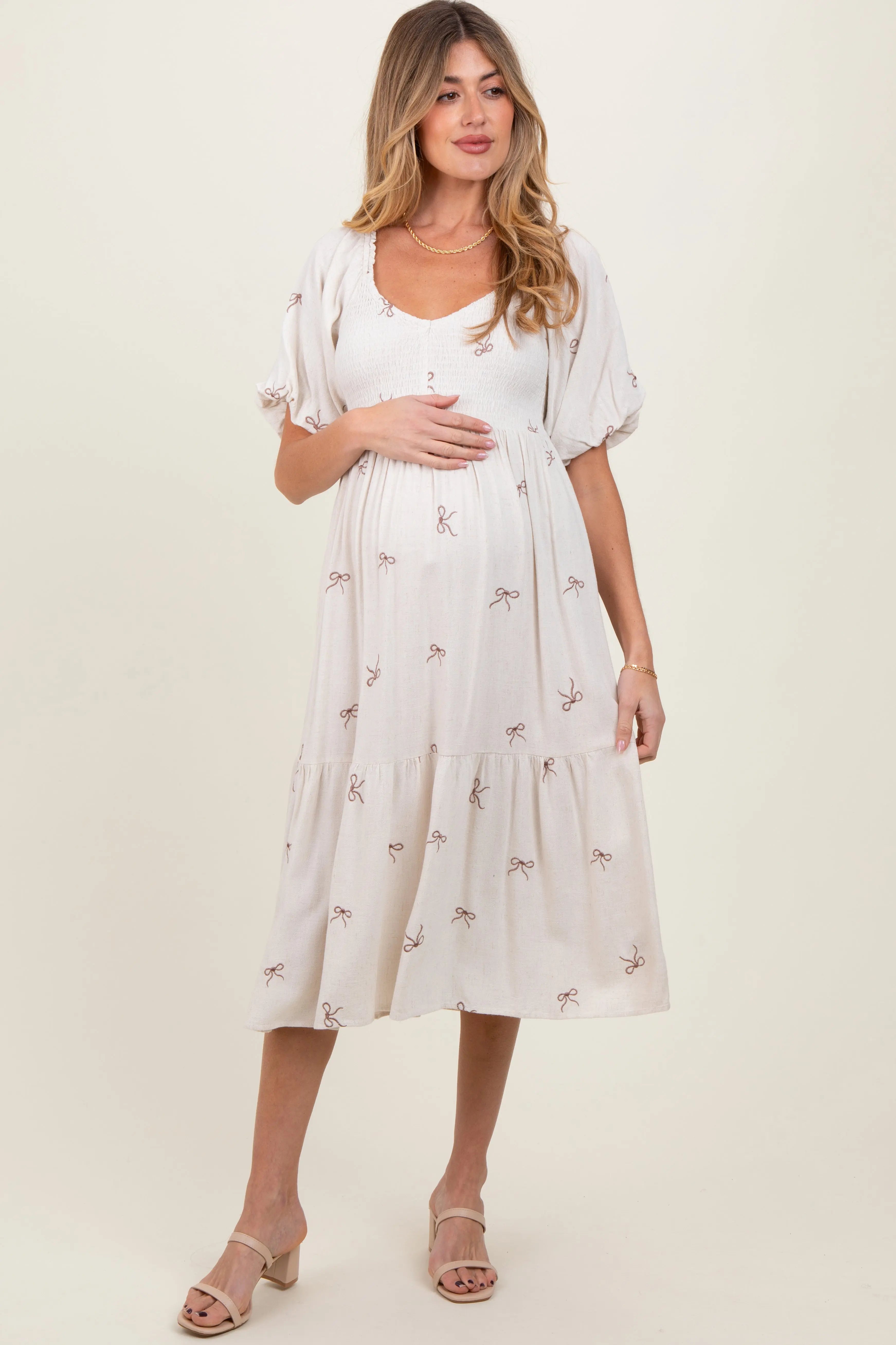 Cream Ribbon Print Smocked Maternity Midi Dress PinkBlush