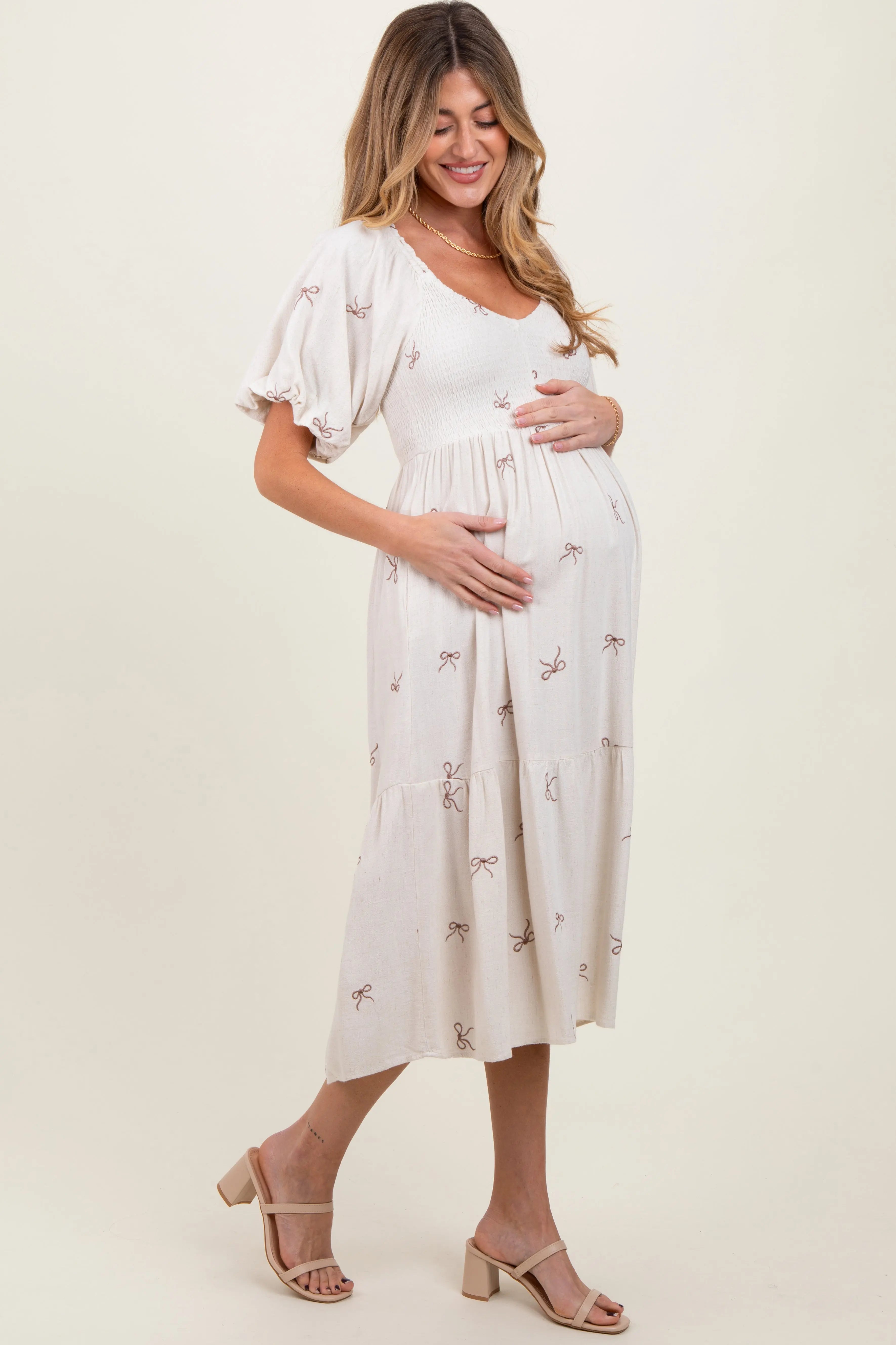 Cream Ribbon Print Smocked Maternity Midi Dress PinkBlush