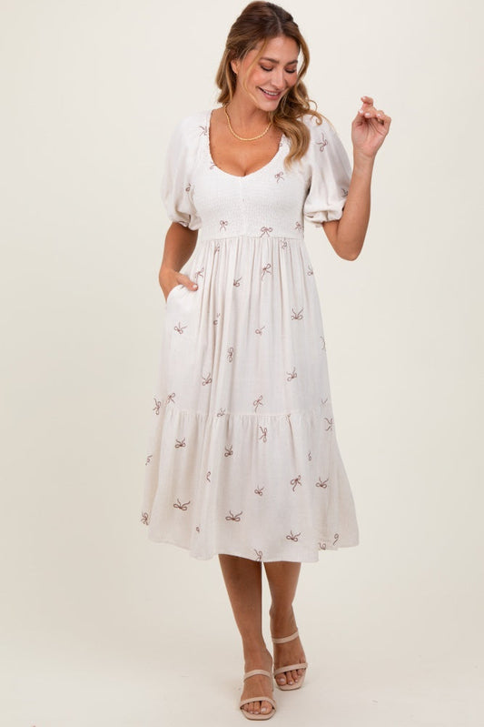 Cream Ribbon Print Smocked Midi Dress PinkBlush